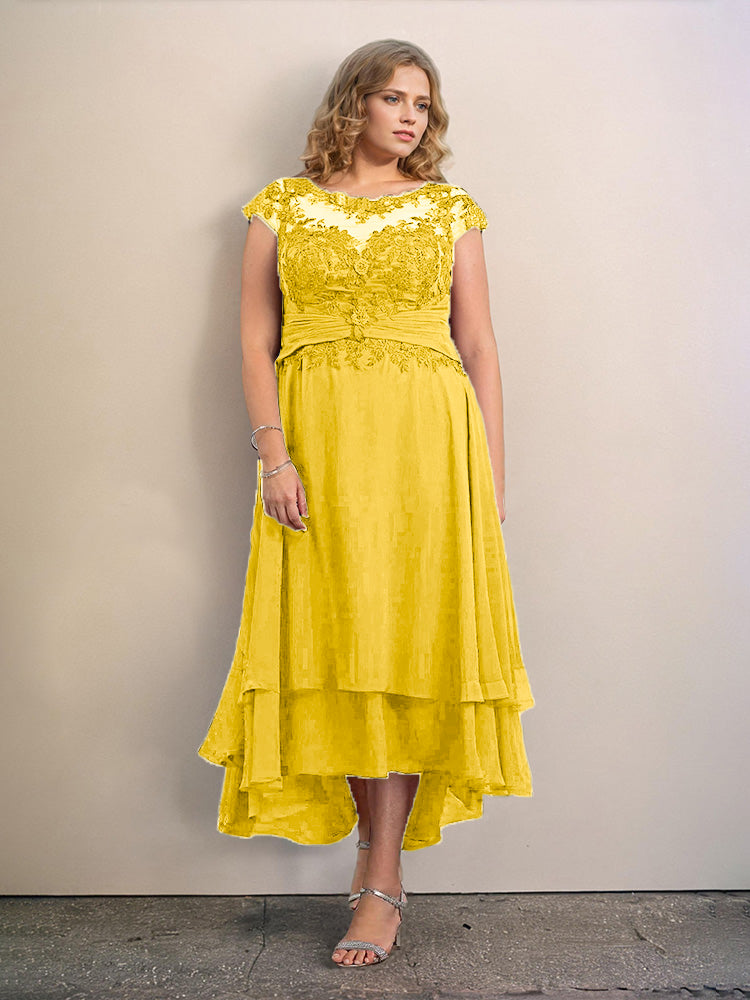 Grande Taille Trapèzes Col rond Mancherons Robes Demoiselle d’Honneur Haute et basse Mousseline avec Appliques