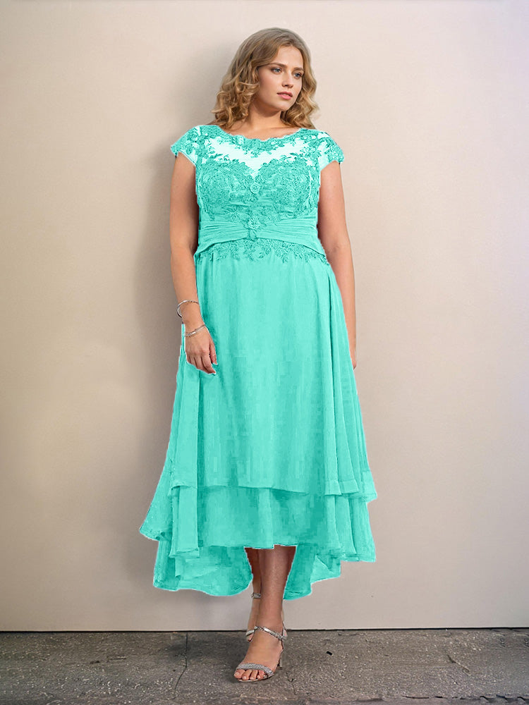 Grande Taille Trapèzes Col rond Mancherons Robes Demoiselle d’Honneur Haute et basse Mousseline avec Appliques