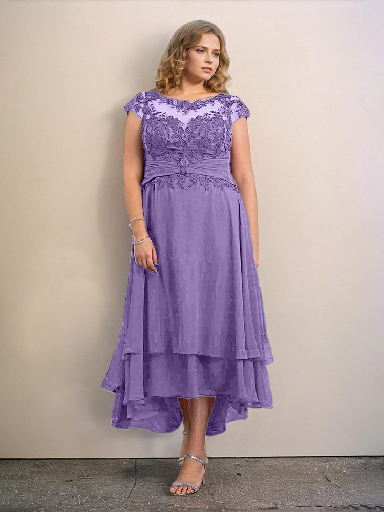 Grande Taille Trapèzes Col rond Mancherons Robes Demoiselle d’Honneur Haute et basse Mousseline avec Appliques