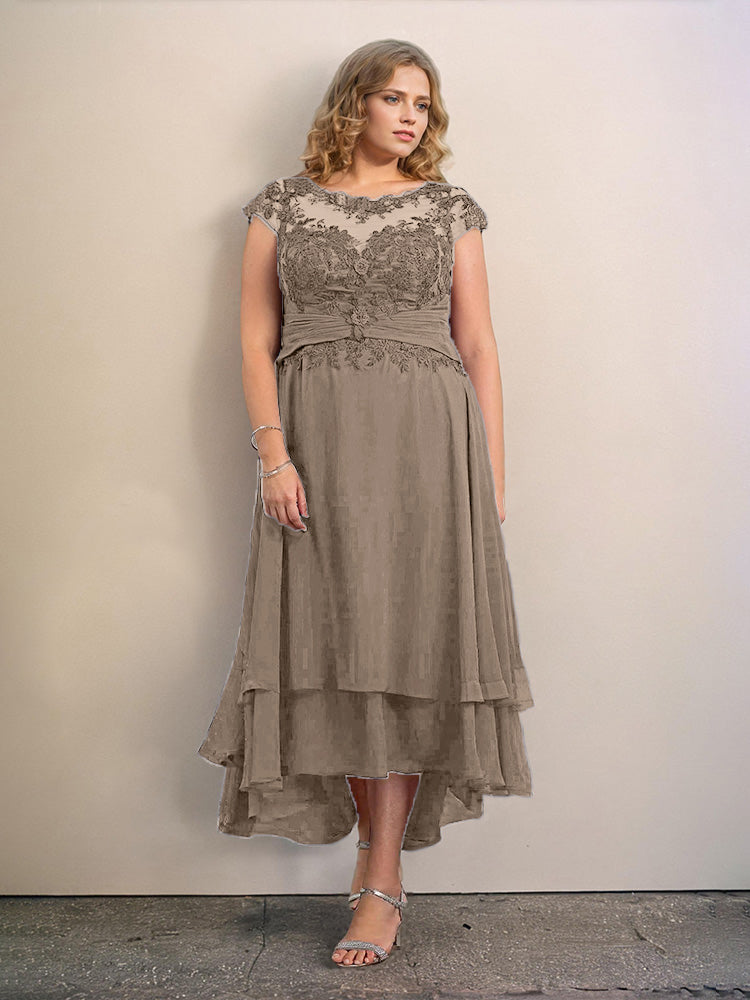 Grande Taille Trapèzes Col rond Mancherons Robes Demoiselle d’Honneur Haute et basse Mousseline avec Appliques
