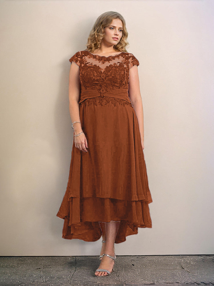 Grande Taille Trapèzes Col rond Mancherons Robes Demoiselle d’Honneur Haute et basse Mousseline avec Appliques