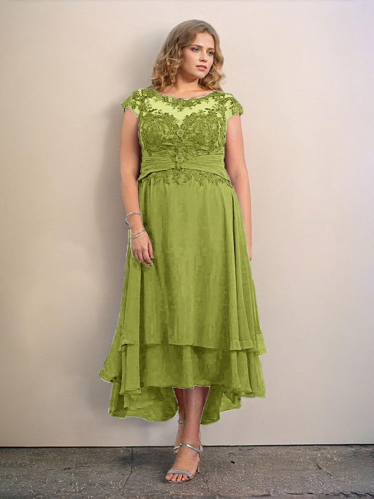 Grande Taille Trapèzes Col rond Mancherons Robes Demoiselle d’Honneur Haute et basse Mousseline avec Appliques