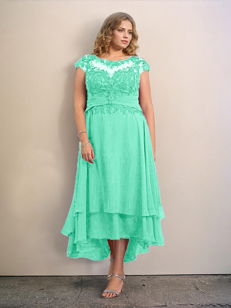 Grande Taille Trapèzes Col rond Mancherons Robes Demoiselle d’Honneur Haute et basse Mousseline avec Appliques