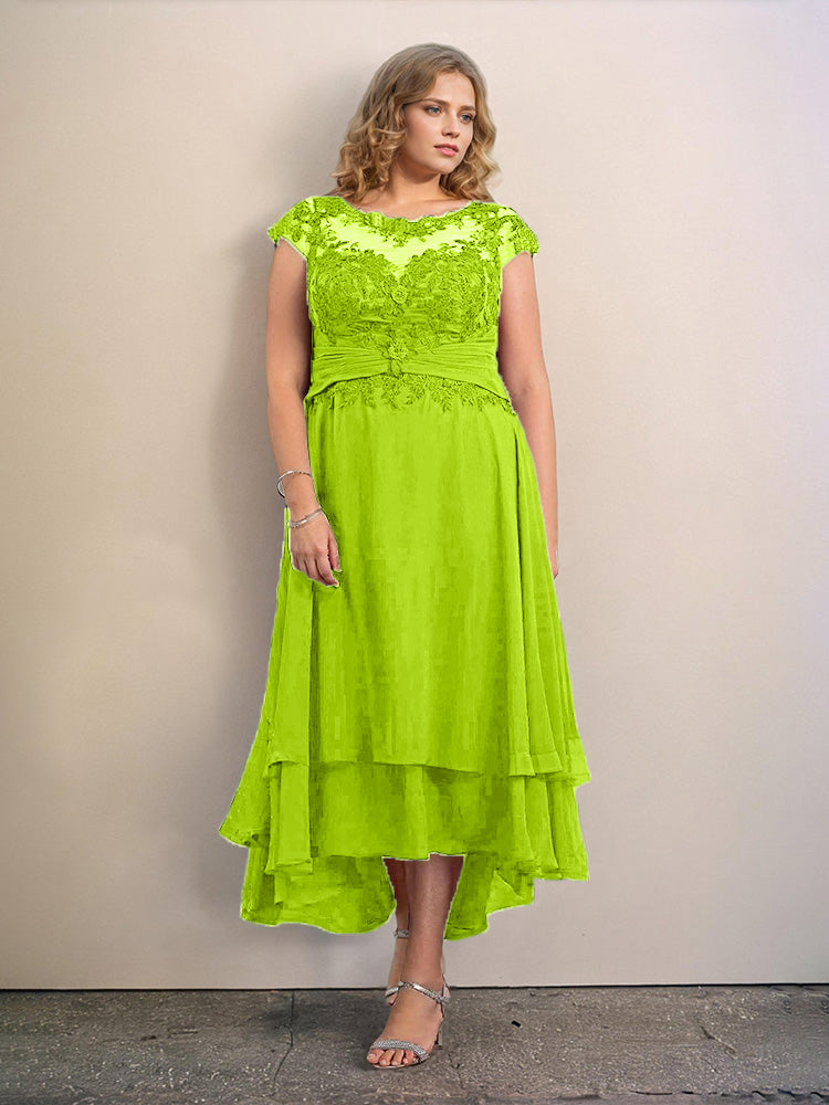 Grande Taille Trapèzes Col rond Mancherons Robes Demoiselle d’Honneur Haute et basse Mousseline avec Appliques