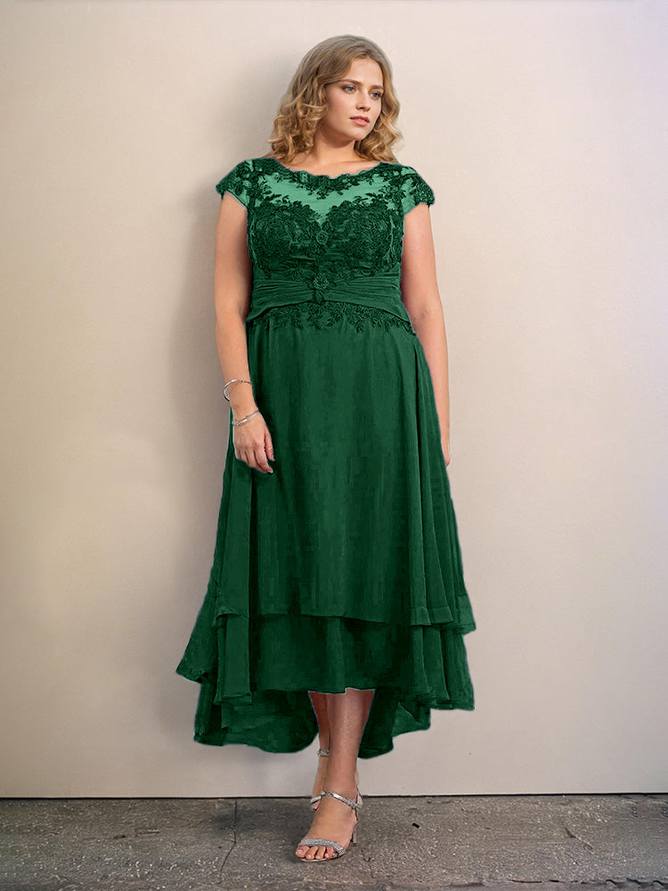 Grande Taille Trapèzes Col rond Mancherons Robes Demoiselle d’Honneur Haute et basse Mousseline avec Appliques