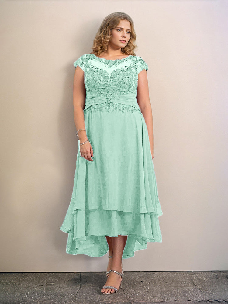 Grande Taille Trapèzes Col rond Mancherons Robes Demoiselle d’Honneur Haute et basse Mousseline avec Appliques