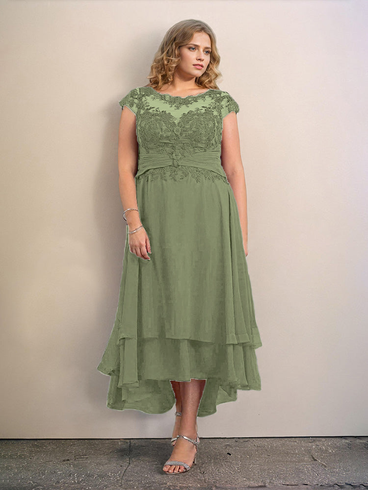 Grande Taille Trapèzes Col rond Mancherons Robes Demoiselle d’Honneur Haute et basse Mousseline avec Appliques