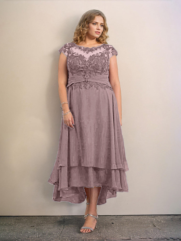 Grande Taille Trapèzes Col rond Mancherons Robes Demoiselle d’Honneur Haute et basse Mousseline avec Appliques
