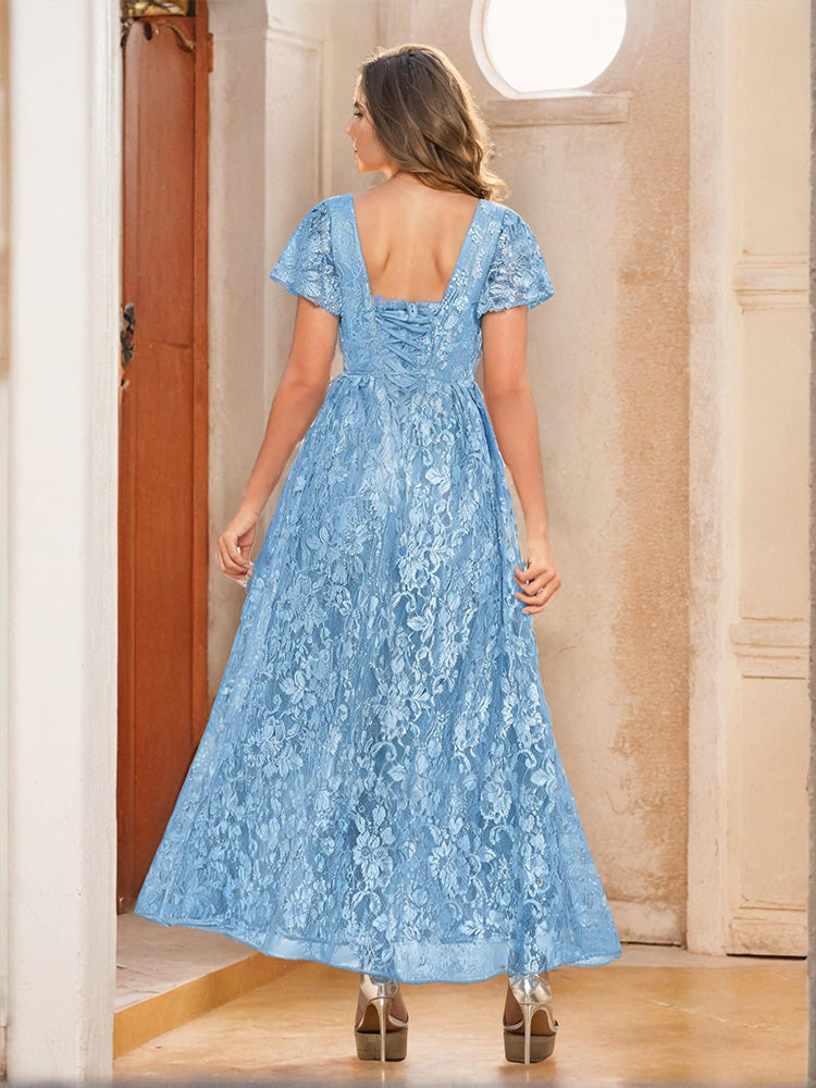 Col V à manches courtes en Dentelle Robe de la mère de la mariée en Bleu