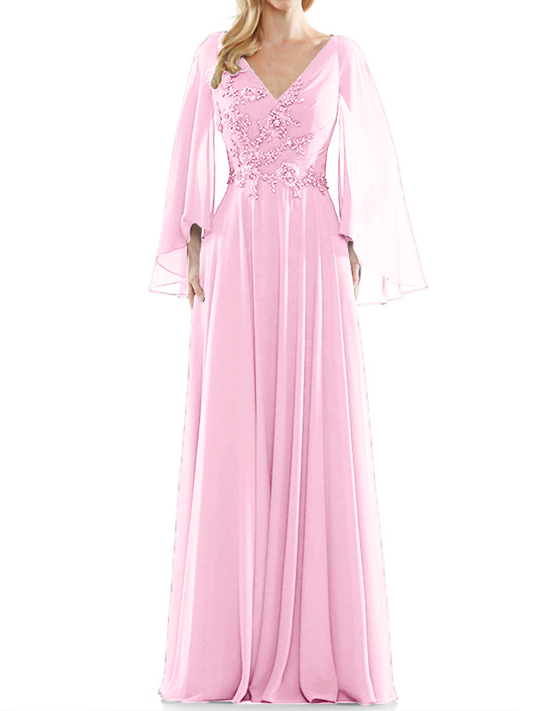 Trapèzes Manches Longues Col V Appliques de Perles Longueur ras du sol Robe Mère de la Mariée en Mousseline