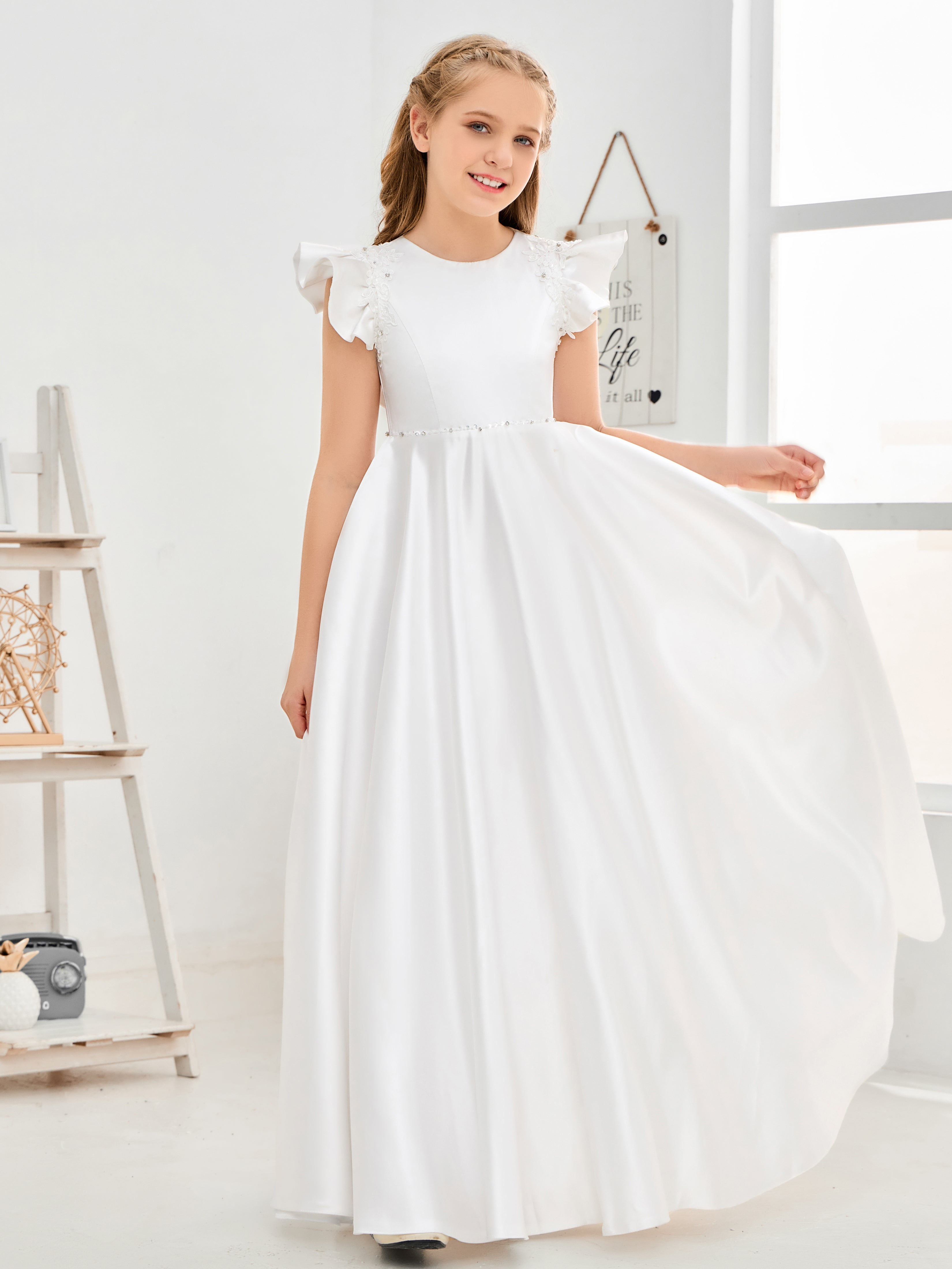 Manches à volants et Dos échancré Satin Tulle Longue Robe Fille