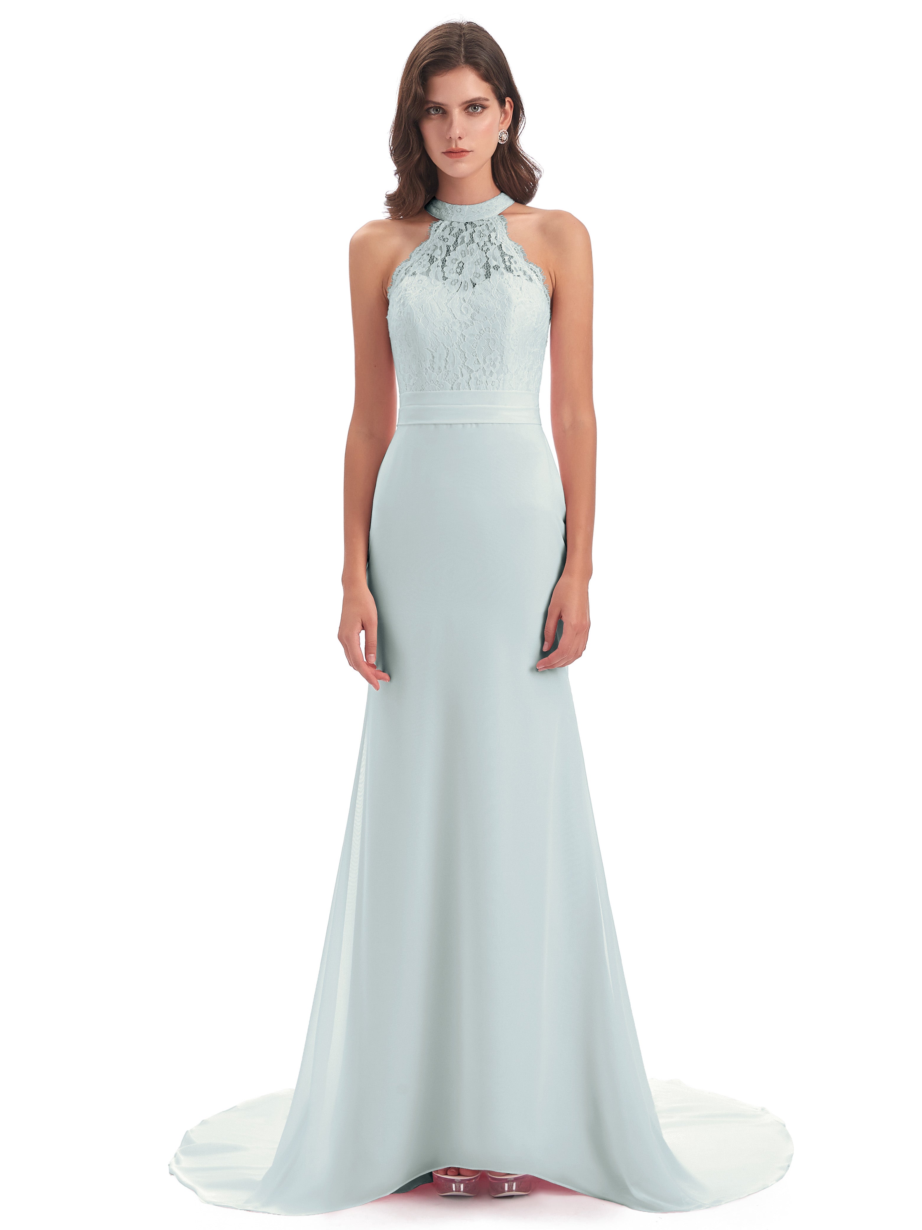 Robe Demoiselle D Honneur Celadon Licou Dentelle/Mousseline Longue Robes Demoiselle D'Honneur