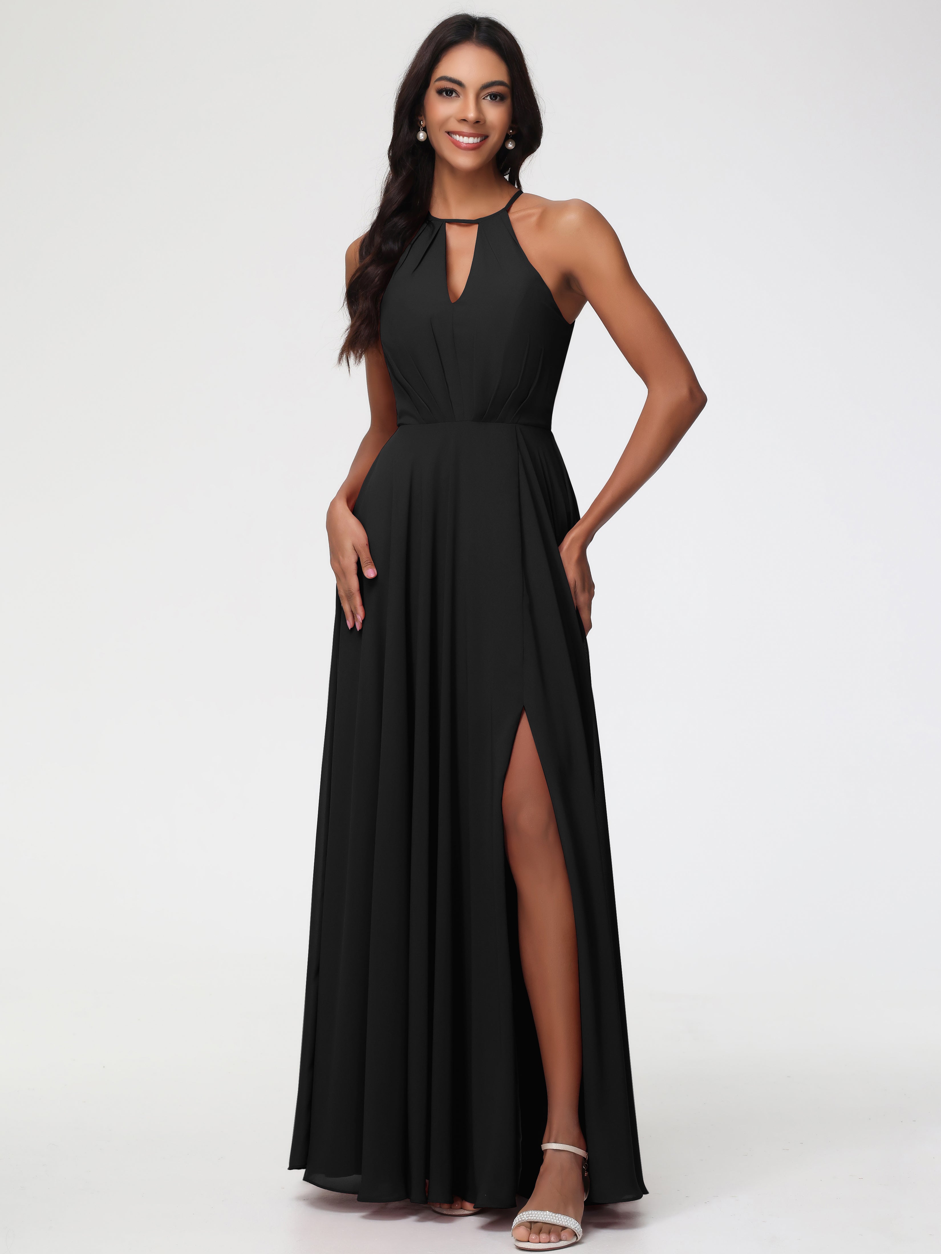 Robes De Demoiselle D'Honneur Noires Licou Fendue Mousseline Robe Demoiselle D'Honneur Longue Plissée