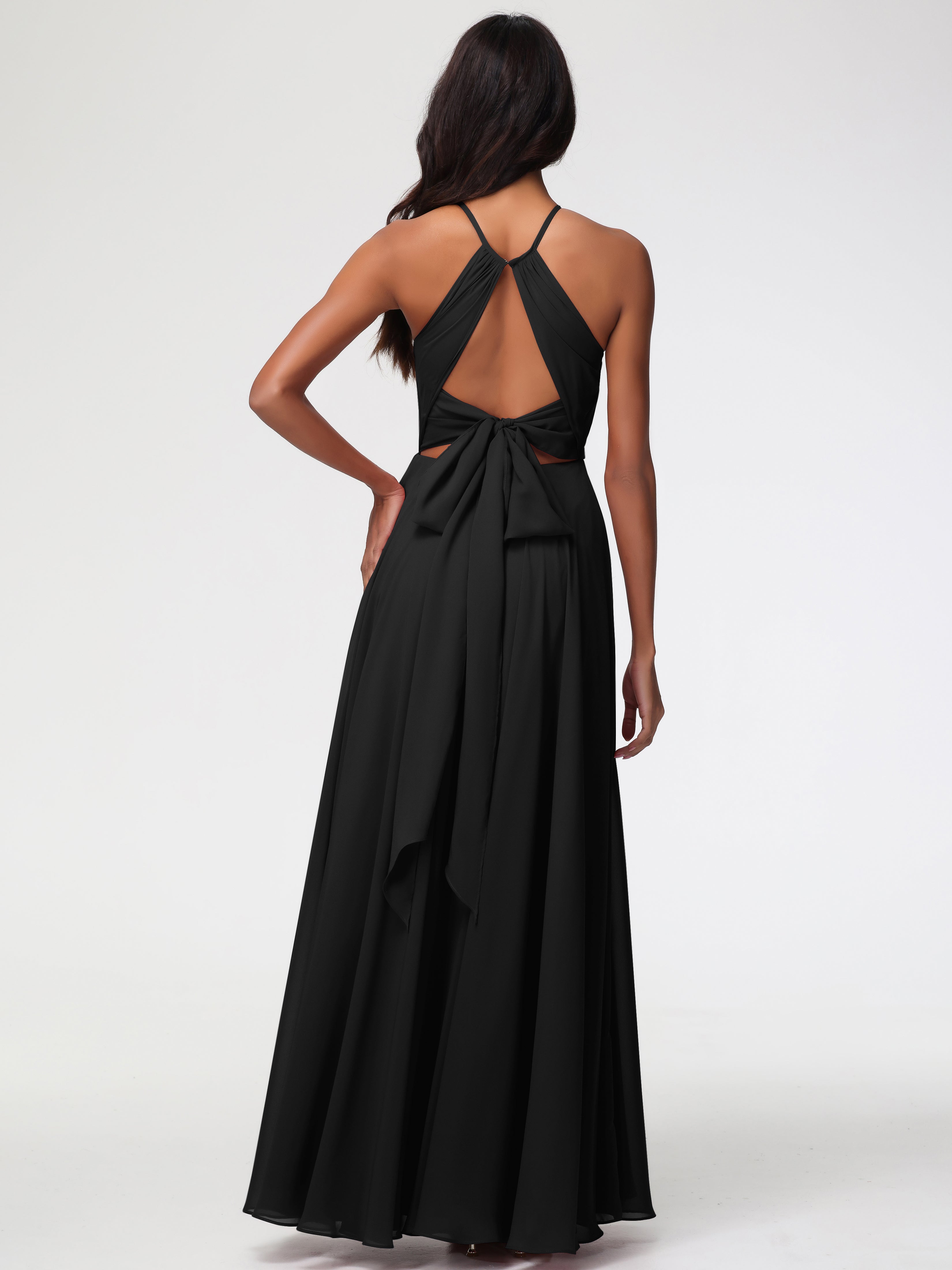 Robes De Demoiselle D'Honneur Noires Licou Fendue Mousseline Robe Demoiselle D'Honneur Longue Plissée