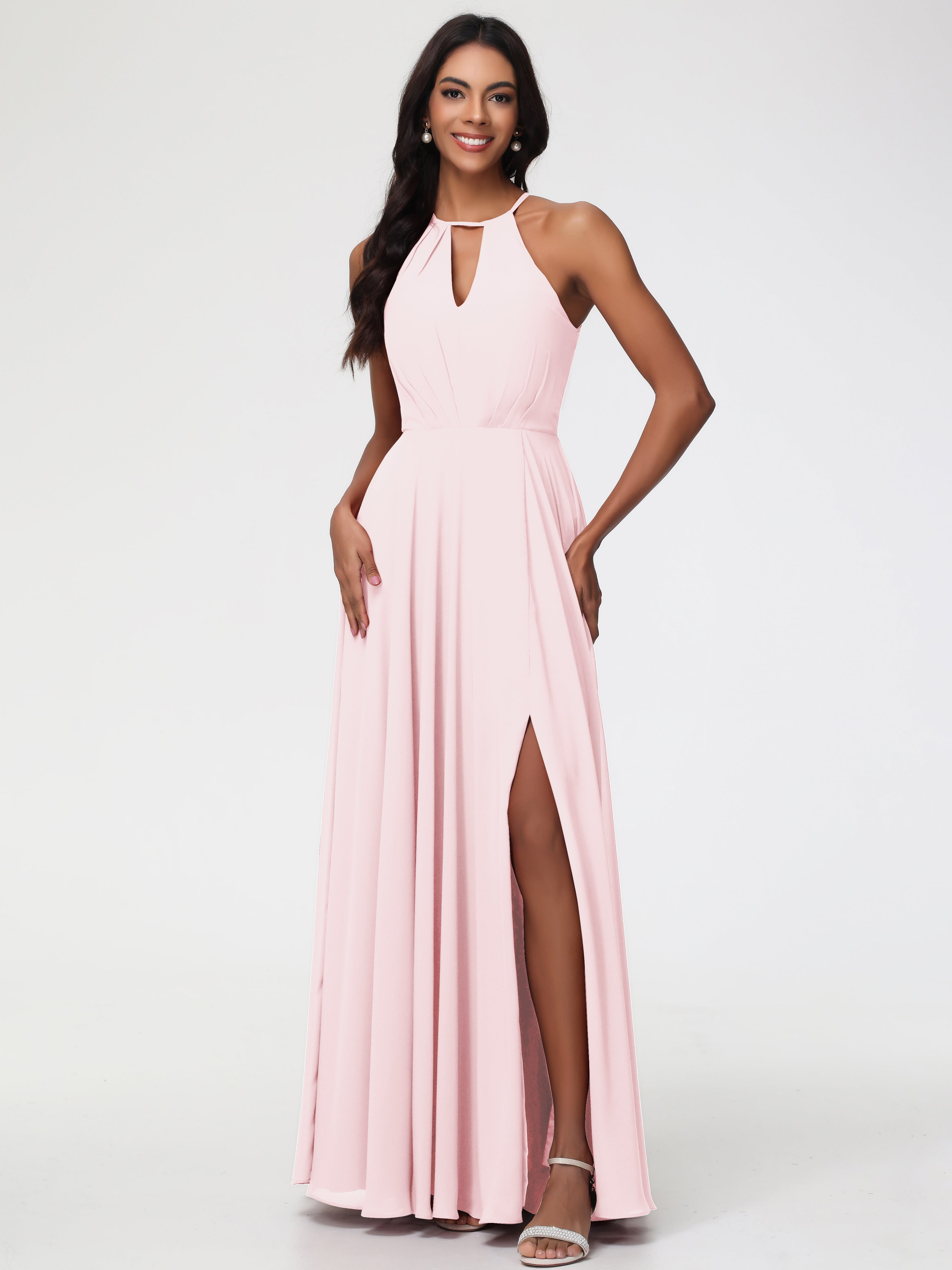 Robe Demoiselle D Honneur Rose Pale Licou Fendue Mousseline Robe Demoiselle D'Honneur Longue Plissée