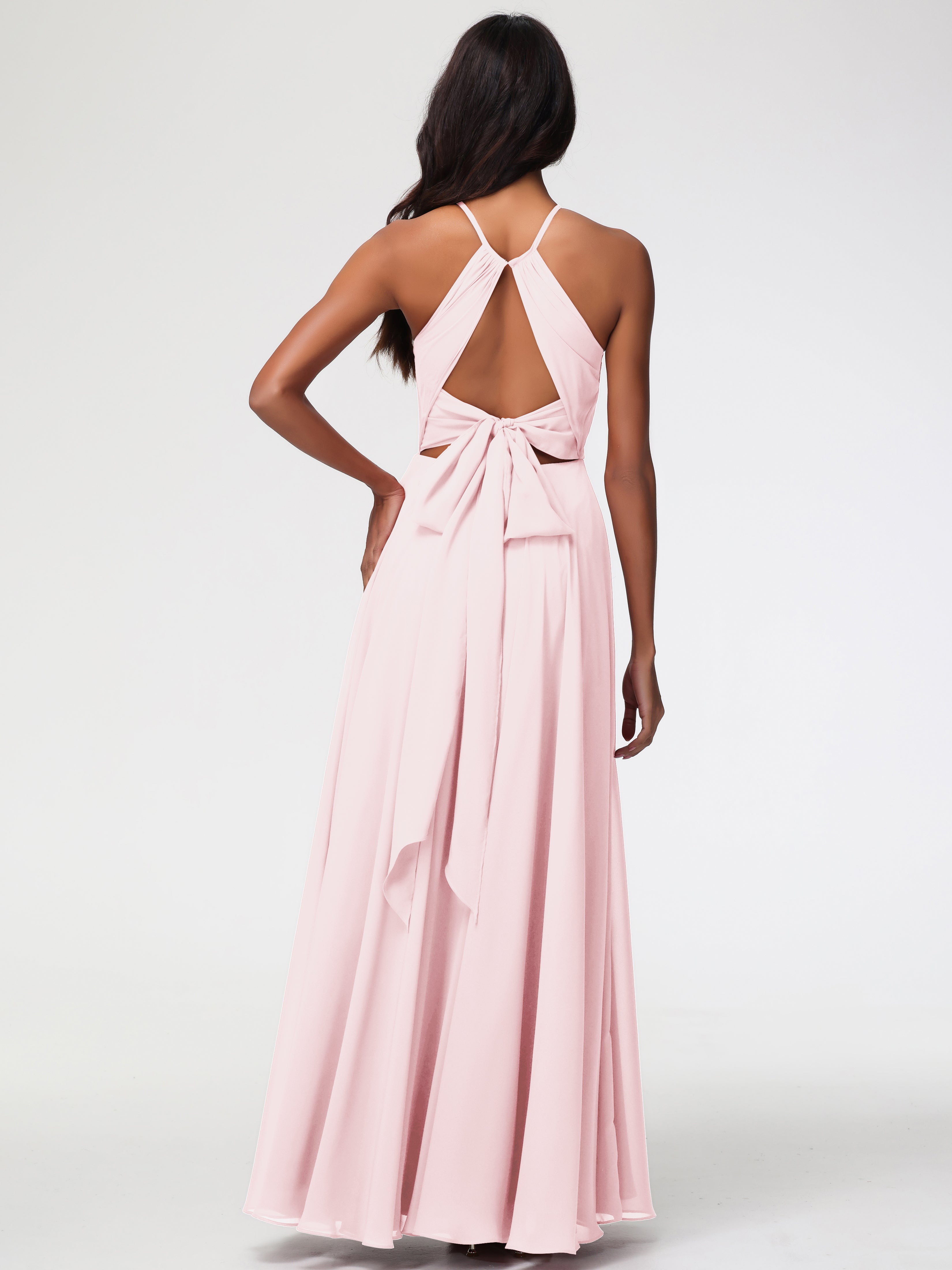 Robe Demoiselle D Honneur Rose Pale Licou Fendue Mousseline Robe Demoiselle D'Honneur Longue Plissée