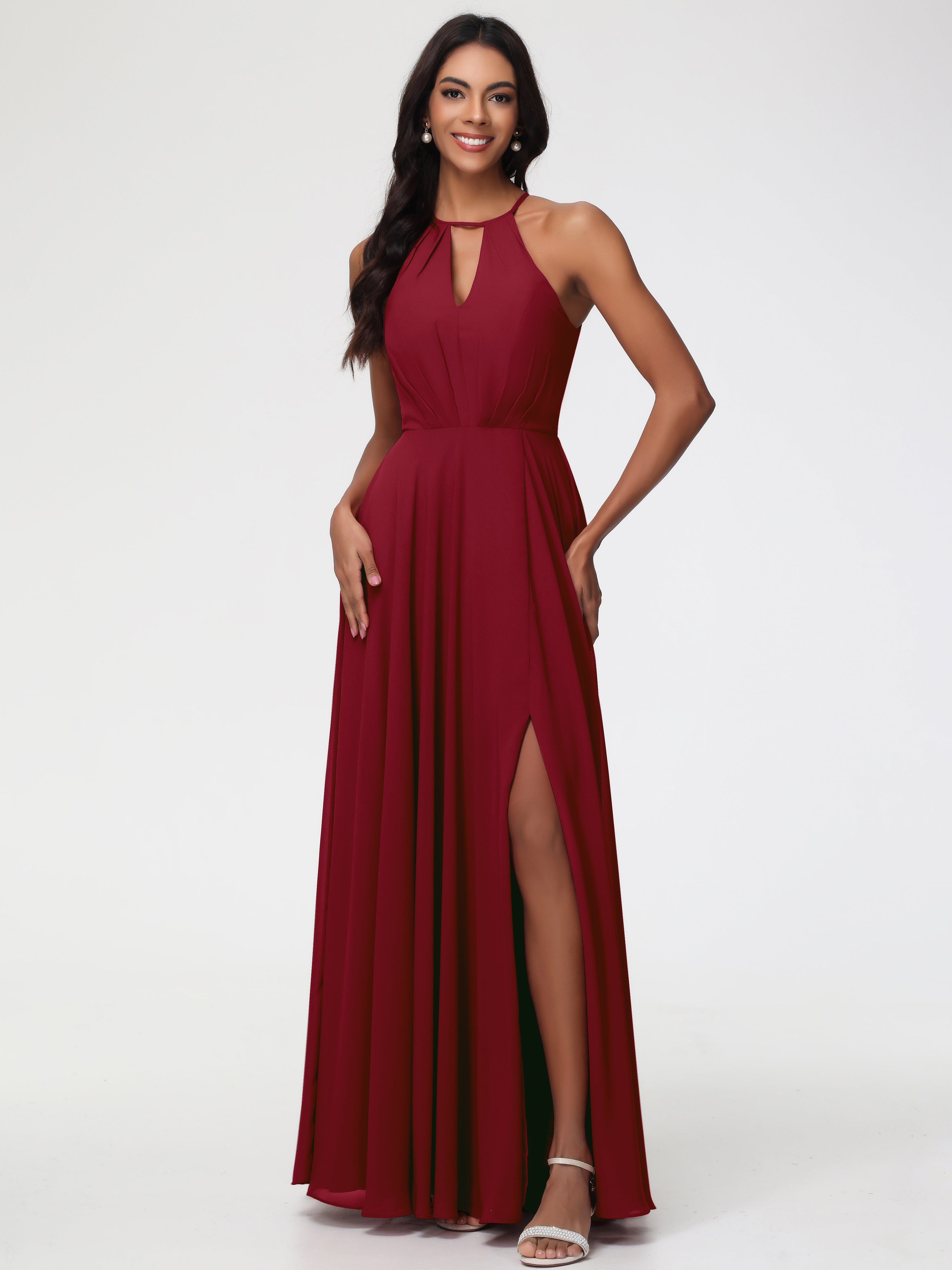 Robe Demoiselle D Honneur Bordeaux Licou Fendue Mousseline Robe Demoiselle D'Honneur Longue Plissée