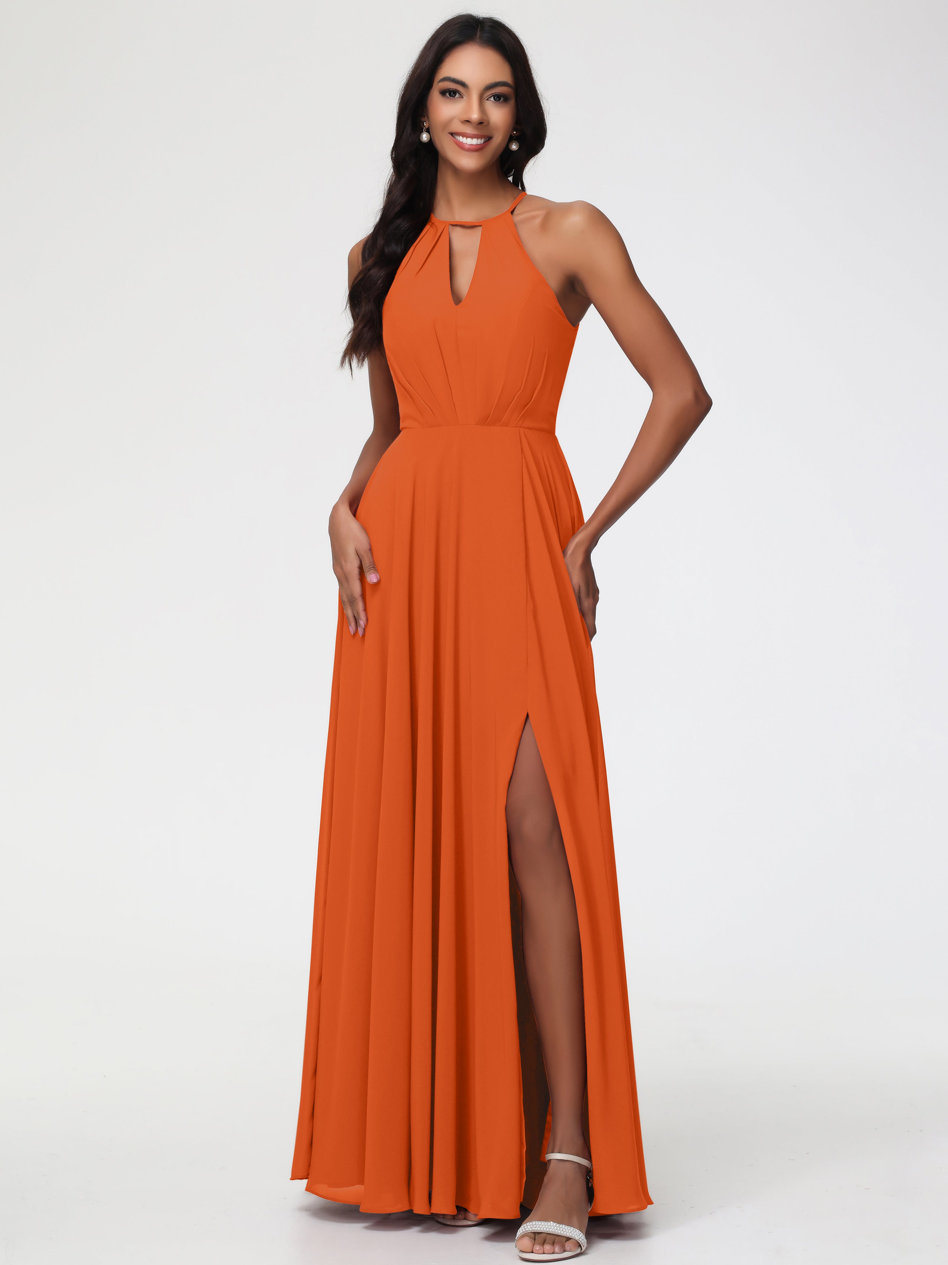 Robe Demoiselle D Honneur Orange Brulé Licou Fendue Mousseline Robe Demoiselle D'Honneur Longue Plissée
