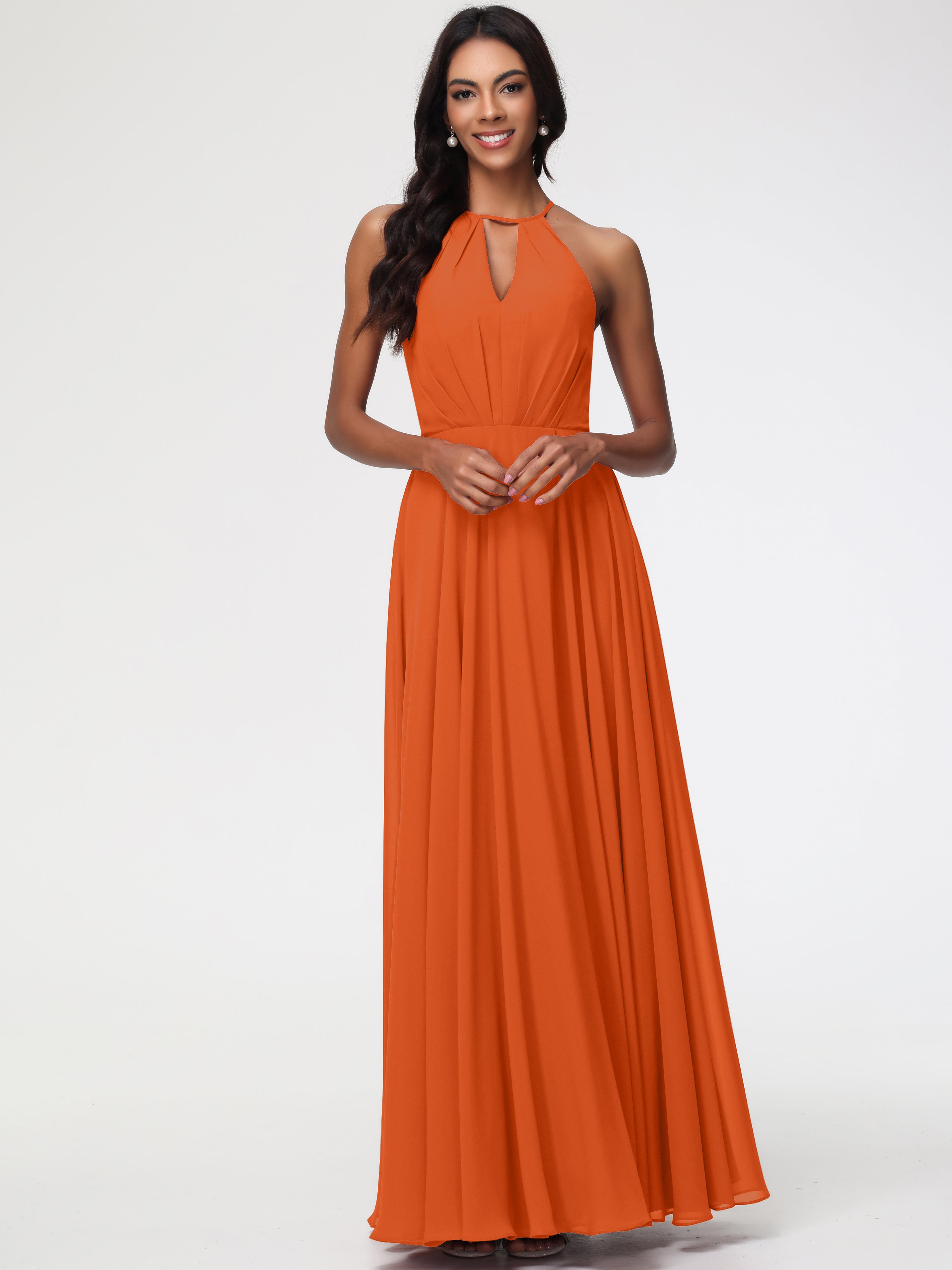 Robe Demoiselle D Honneur Orange Brulé Licou Fendue Mousseline Robe Demoiselle D'Honneur Longue Plissée