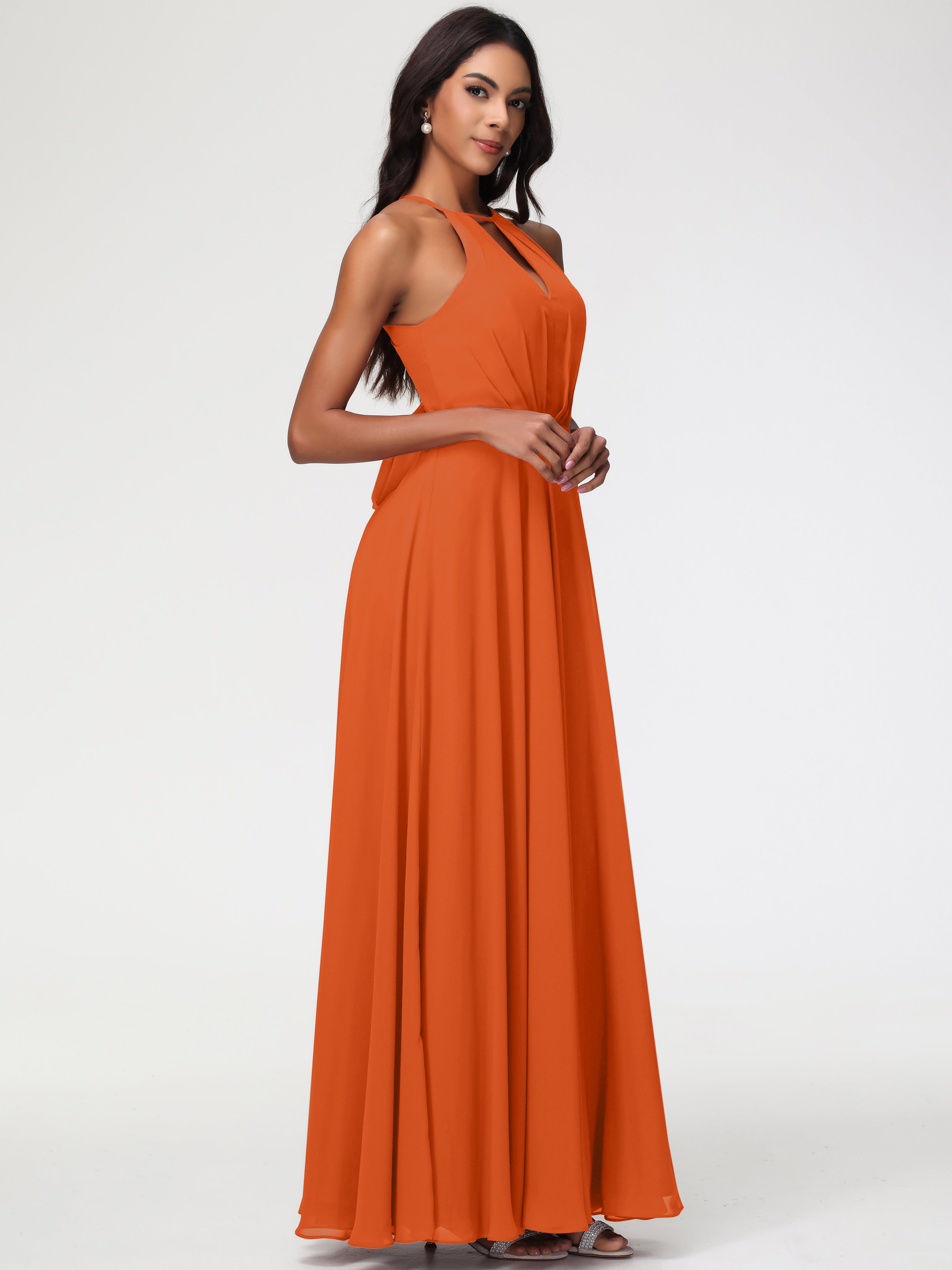 Robe Demoiselle D Honneur Orange Brulé Licou Fendue Mousseline Robe Demoiselle D'Honneur Longue Plissée