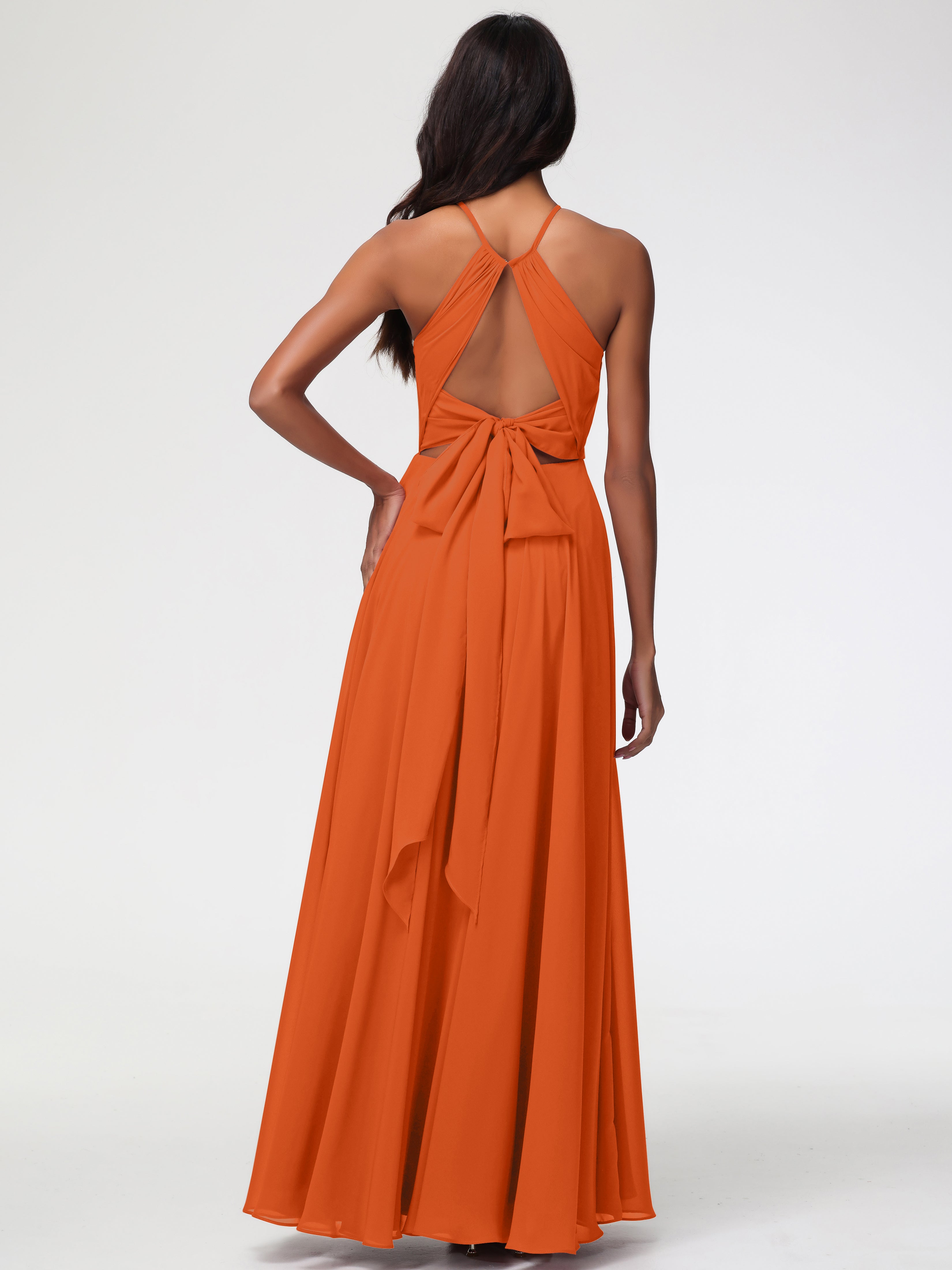 Robe Demoiselle D Honneur Orange Brulé Licou Fendue Mousseline Robe Demoiselle D'Honneur Longue Plissée