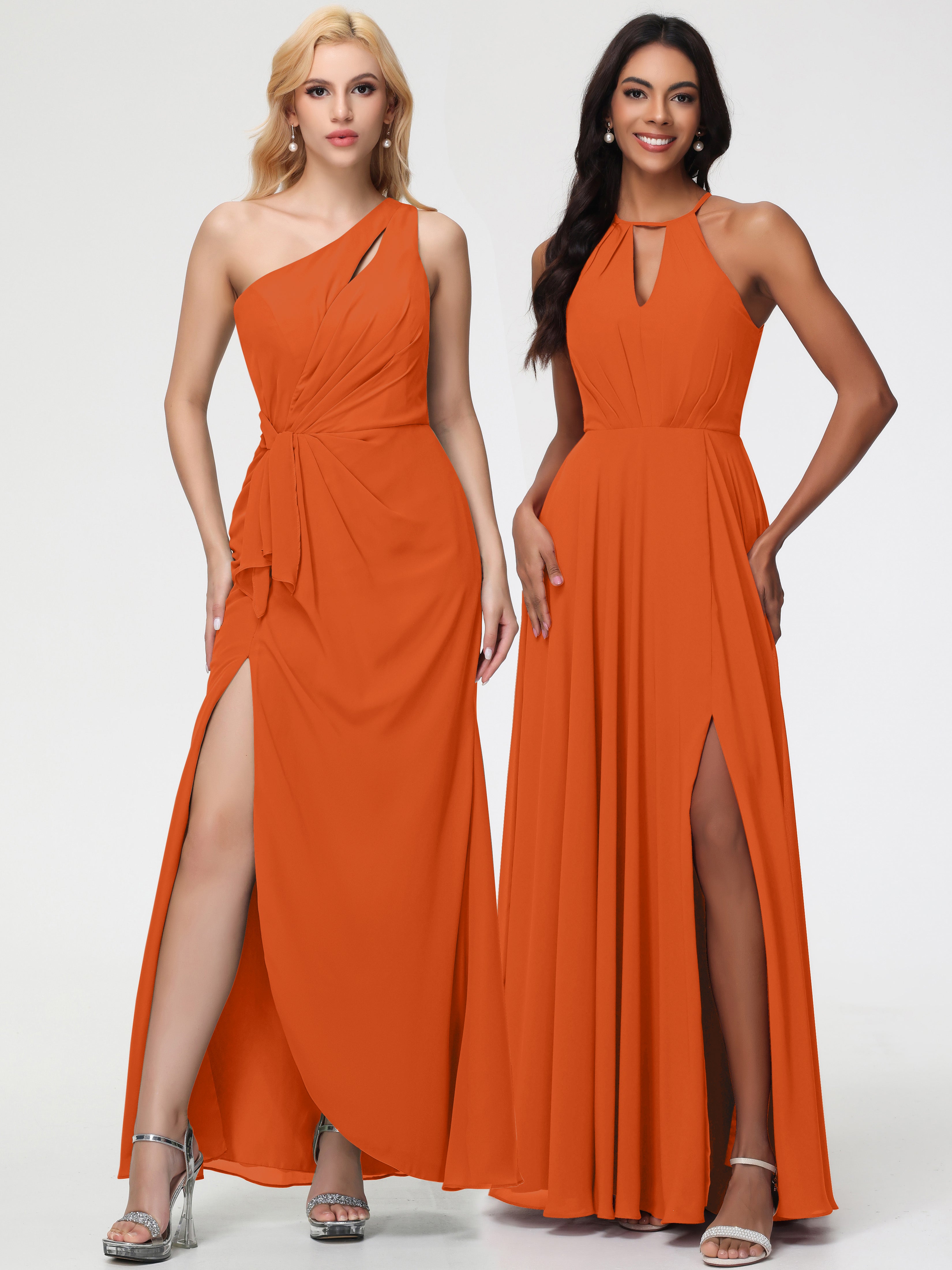 Robe Demoiselle D Honneur Orange Brulé Licou Fendue Mousseline Robe Demoiselle D'Honneur Longue Plissée