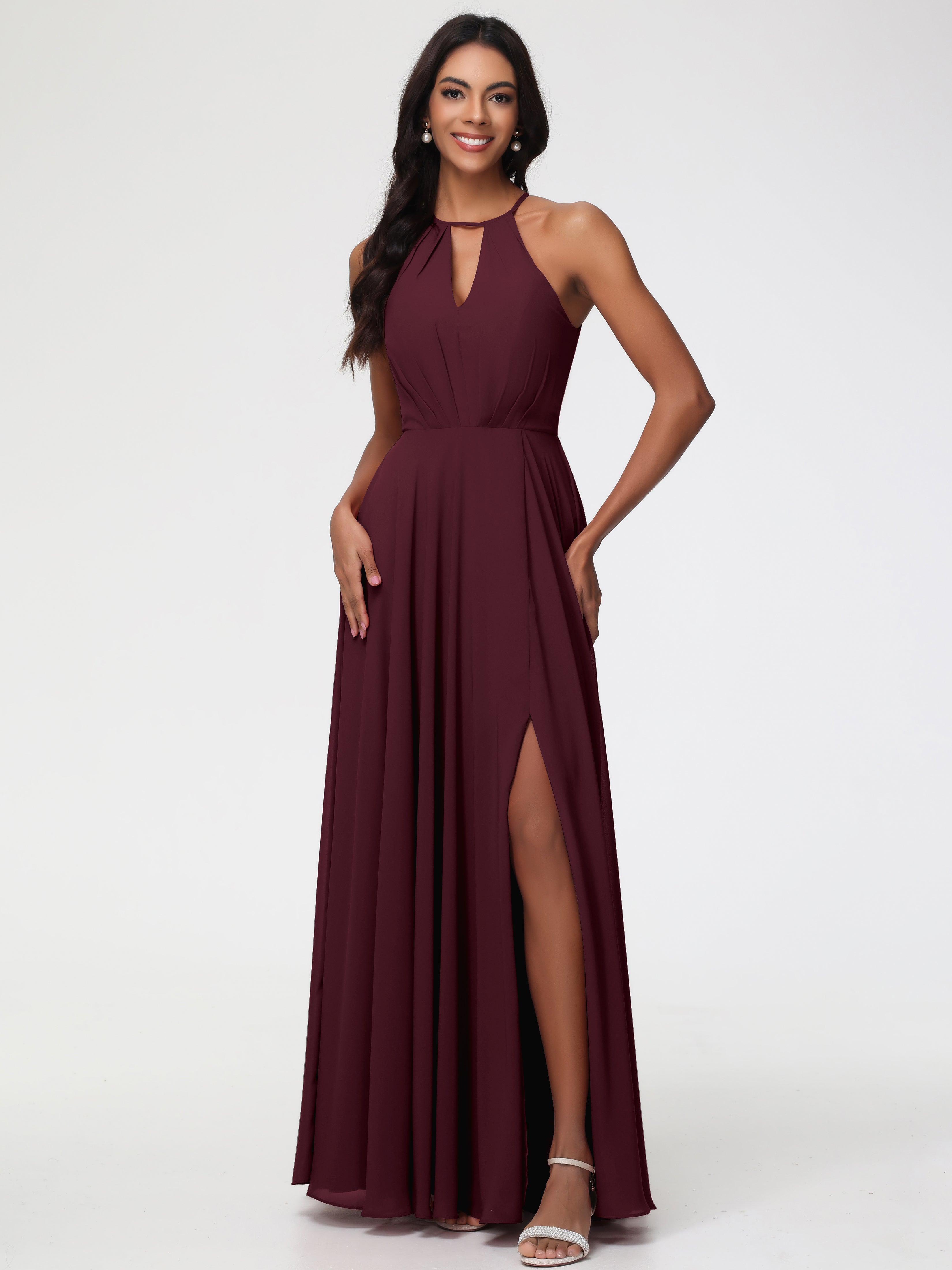 Robes De Demoiselle D'Honneur Cabernet Licou Fendue Mousseline Robe Demoiselle D'Honneur Longue Plissée