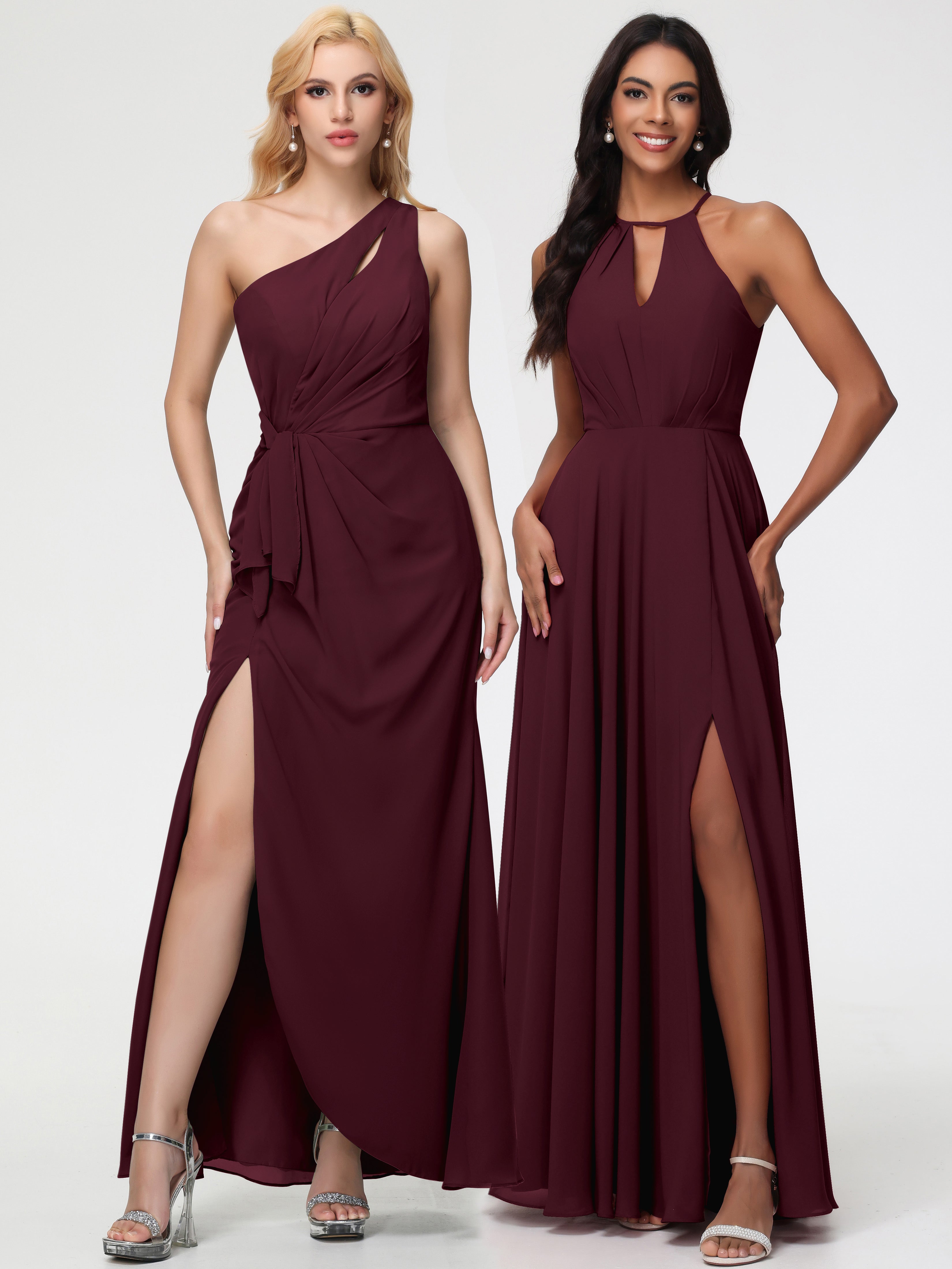 Robes De Demoiselle D'Honneur Cabernet Licou Fendue Mousseline Robe Demoiselle D'Honneur Longue Plissée