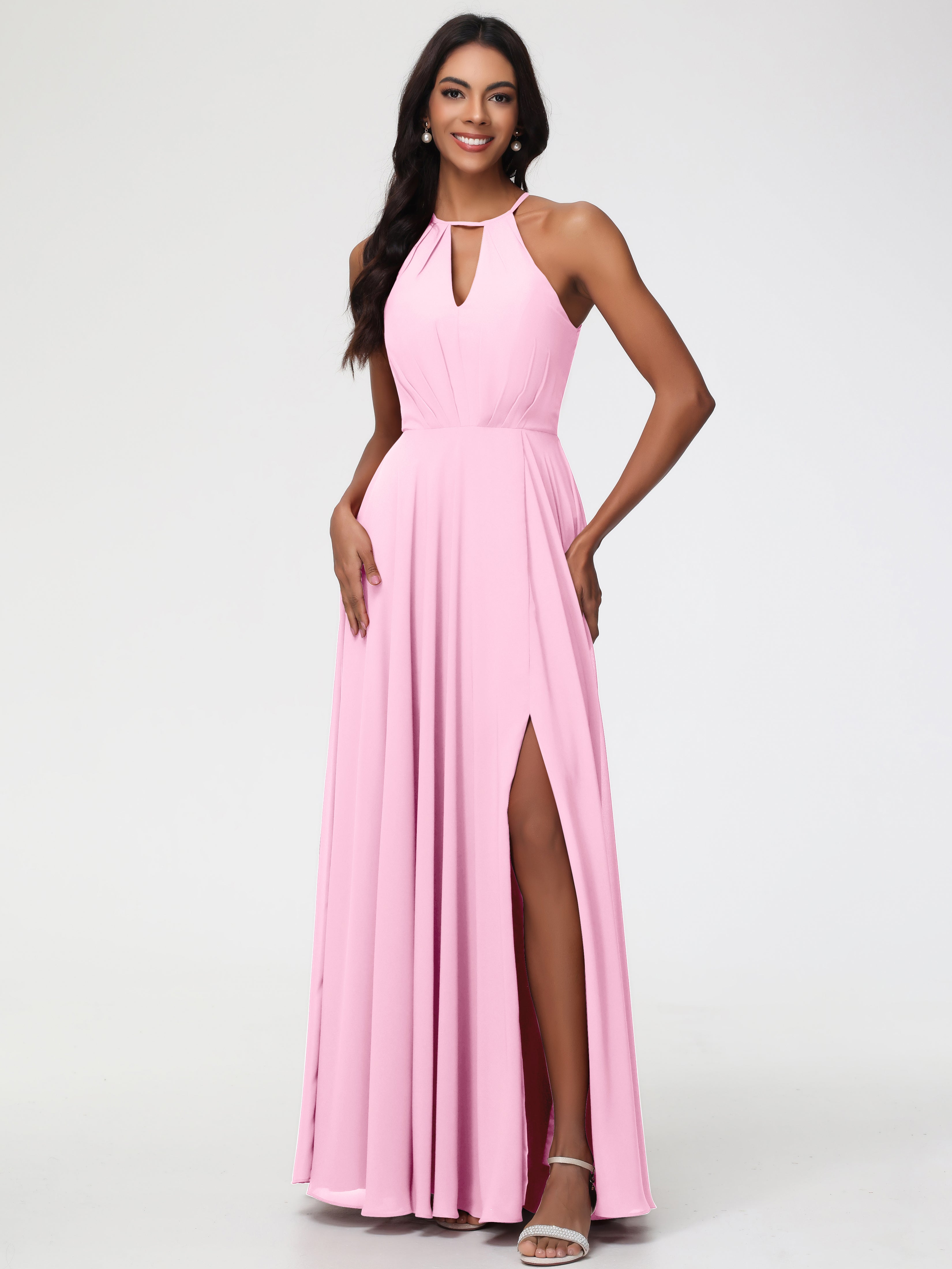Robes De Demoiselle D'Honneur Rose Bonbon Licou Fendue Mousseline Robe Demoiselle D'Honneur Longue Plissée