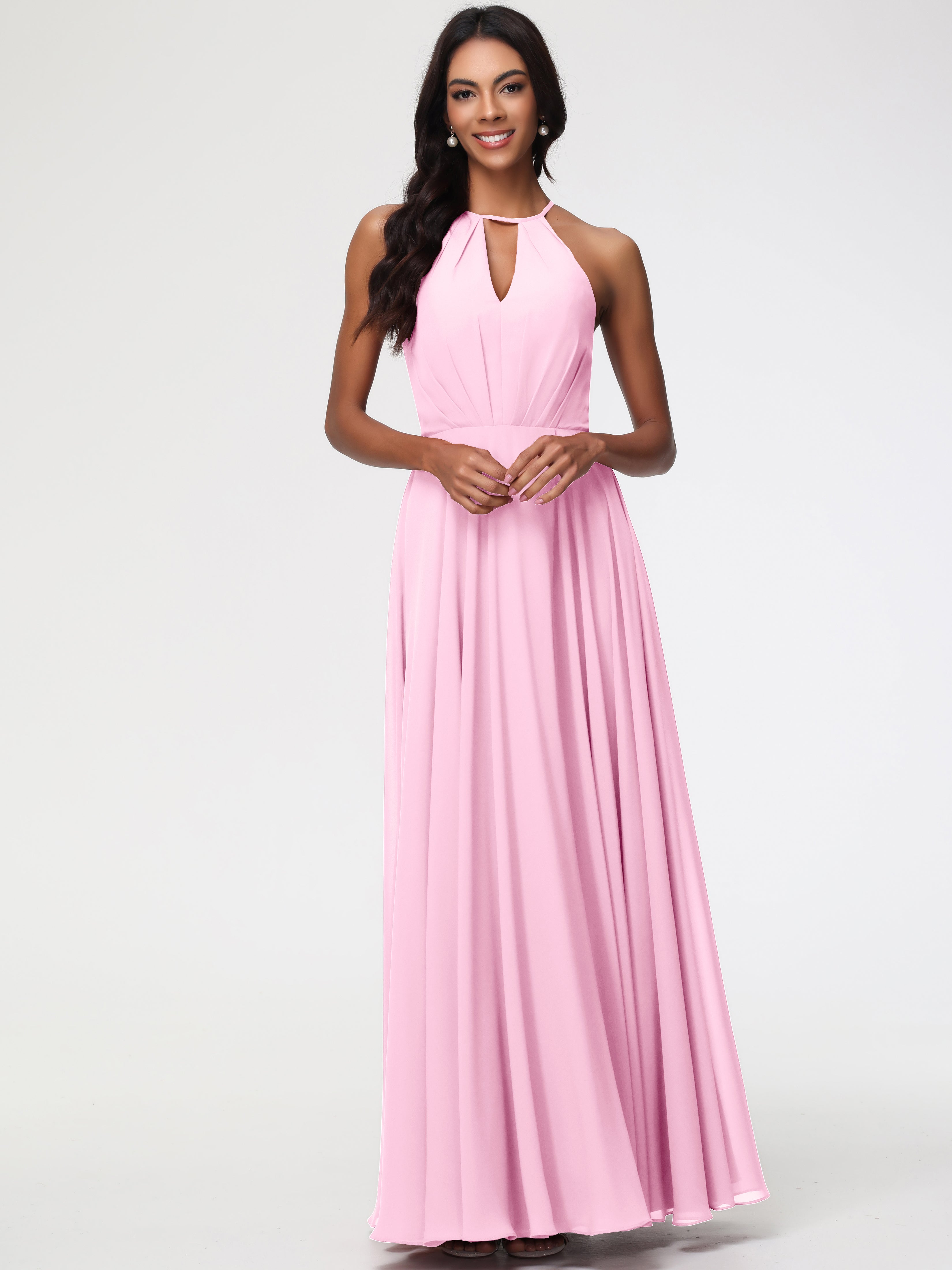 Robes De Demoiselle D'Honneur Rose Bonbon Licou Fendue Mousseline Robe Demoiselle D'Honneur Longue Plissée