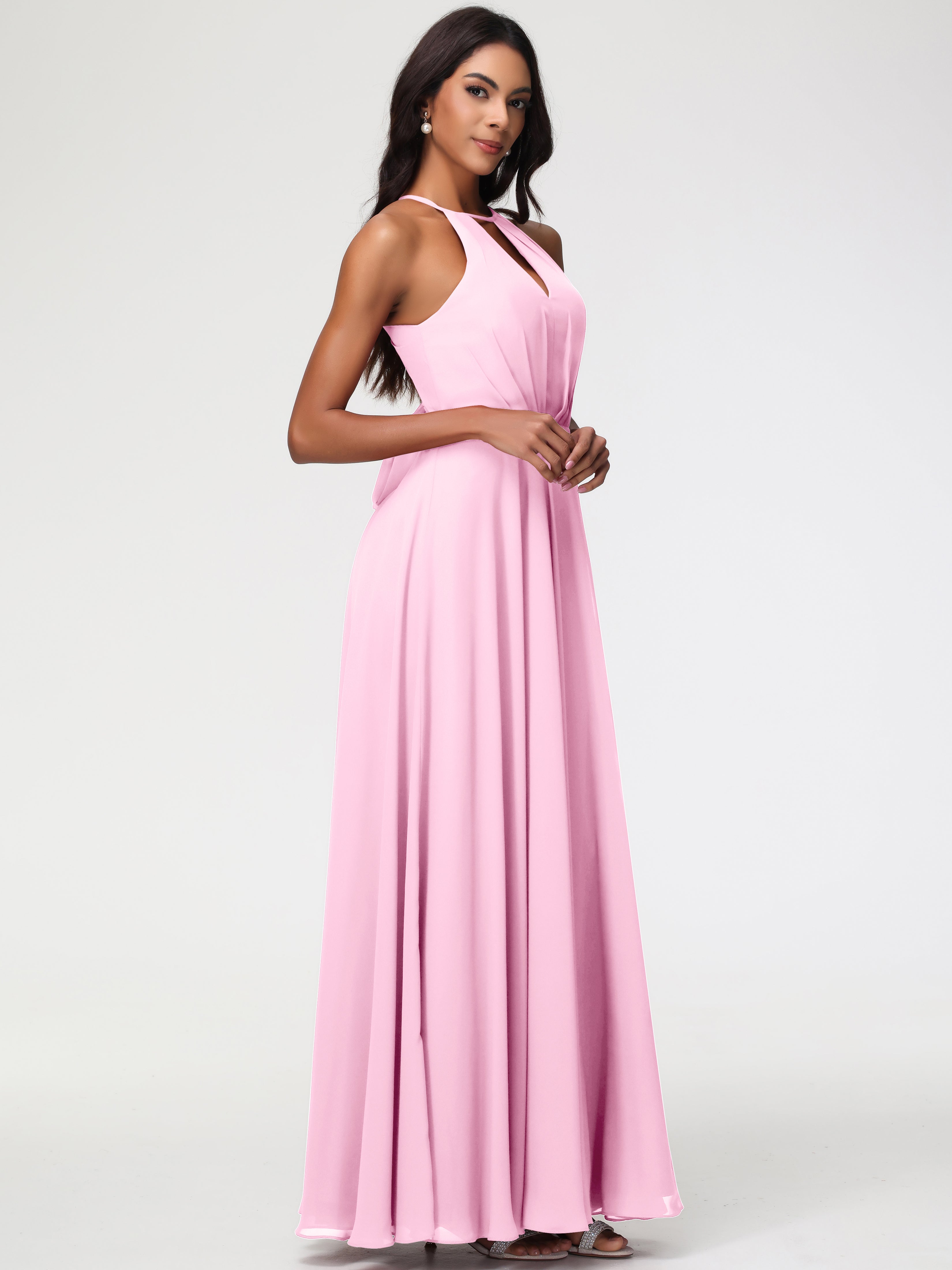 Robes De Demoiselle D'Honneur Rose Bonbon Licou Fendue Mousseline Robe Demoiselle D'Honneur Longue Plissée