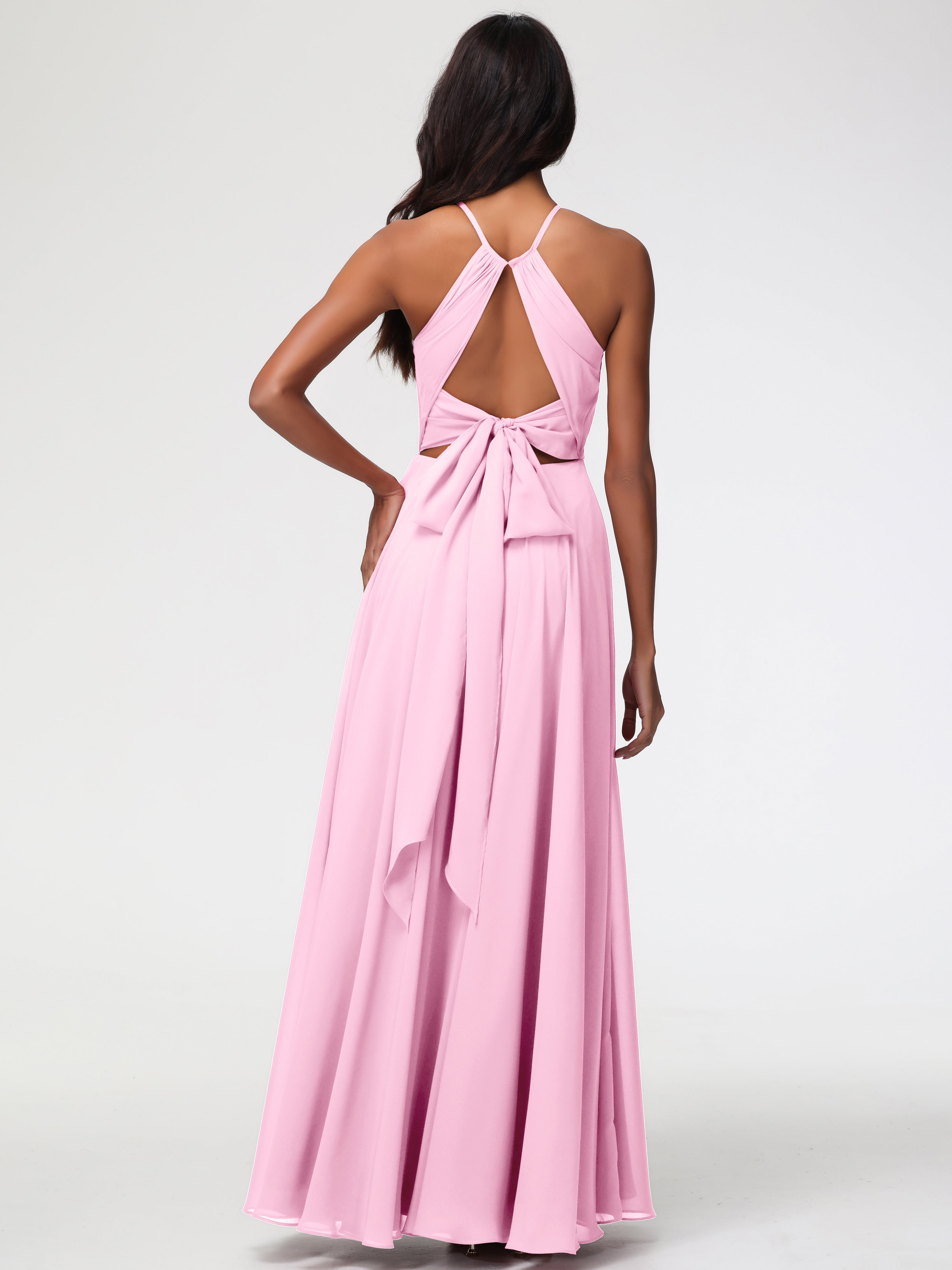 Robes De Demoiselle D'Honneur Rose Bonbon Licou Fendue Mousseline Robe Demoiselle D'Honneur Longue Plissée