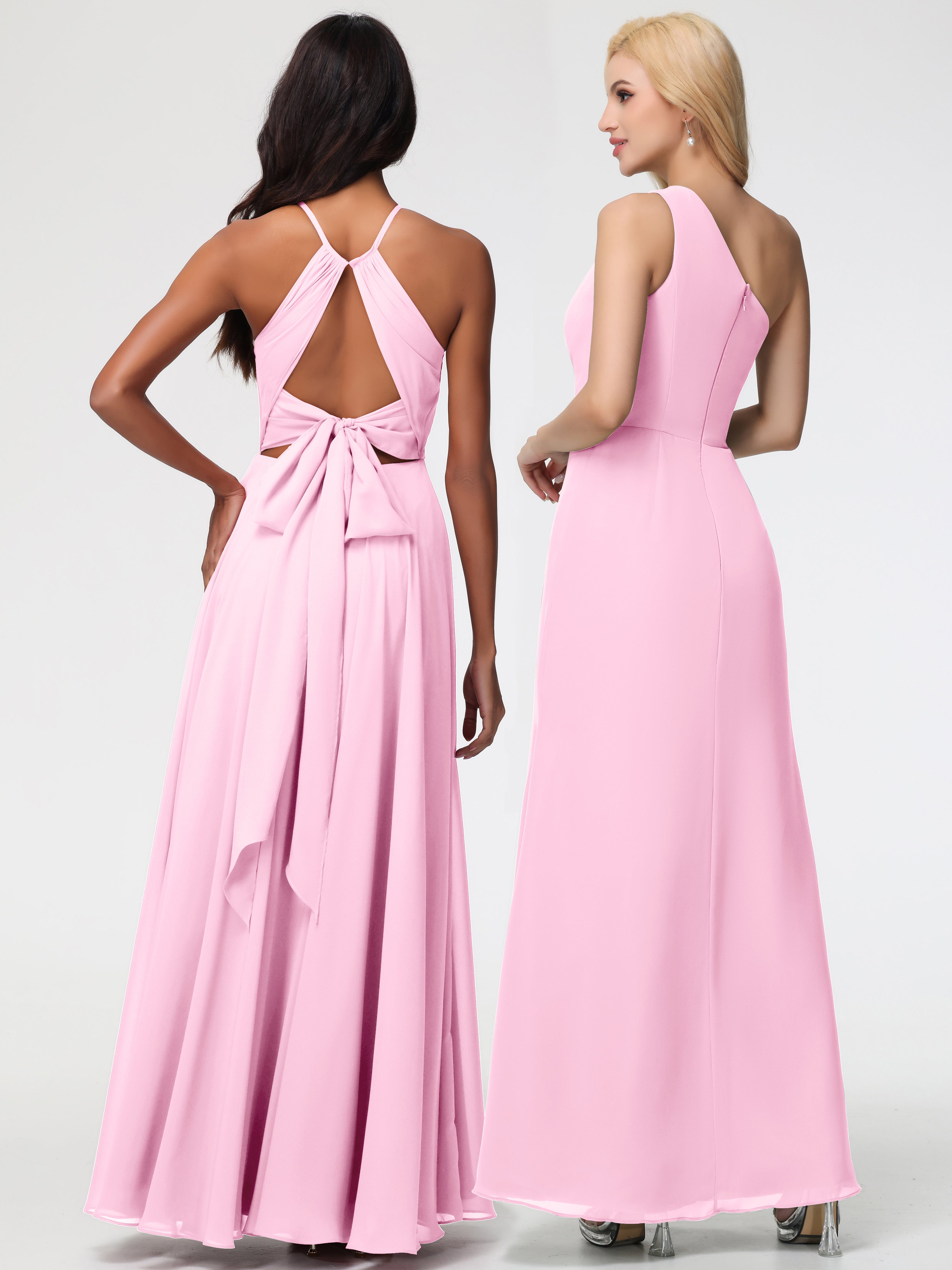 Robes De Demoiselle D'Honneur Rose Bonbon Licou Fendue Mousseline Robe Demoiselle D'Honneur Longue Plissée