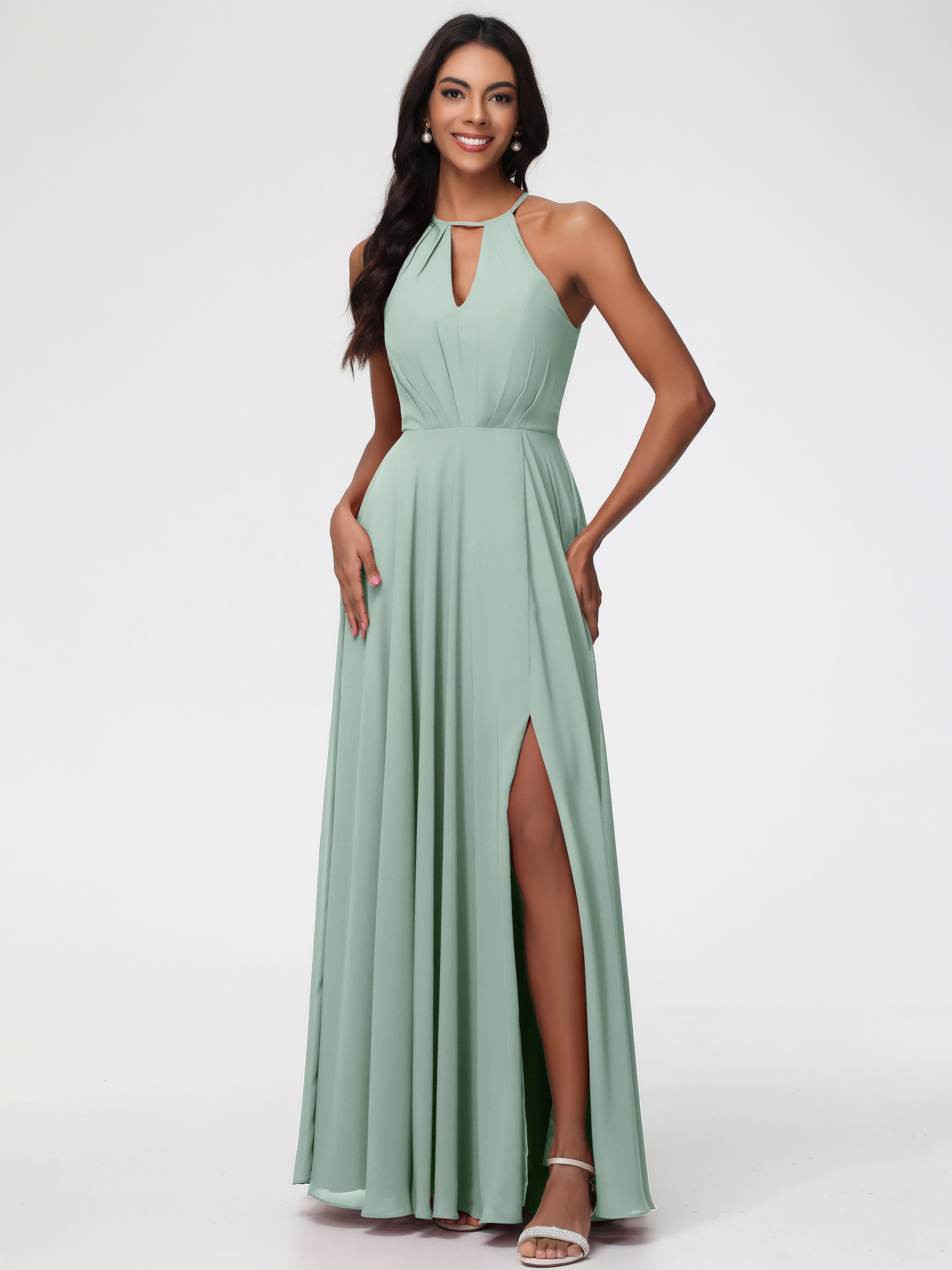 Robe Demoiselle D Honneur Vert Celadon Licou Fendue Mousseline Robe Demoiselle D'Honneur Longue Plissée