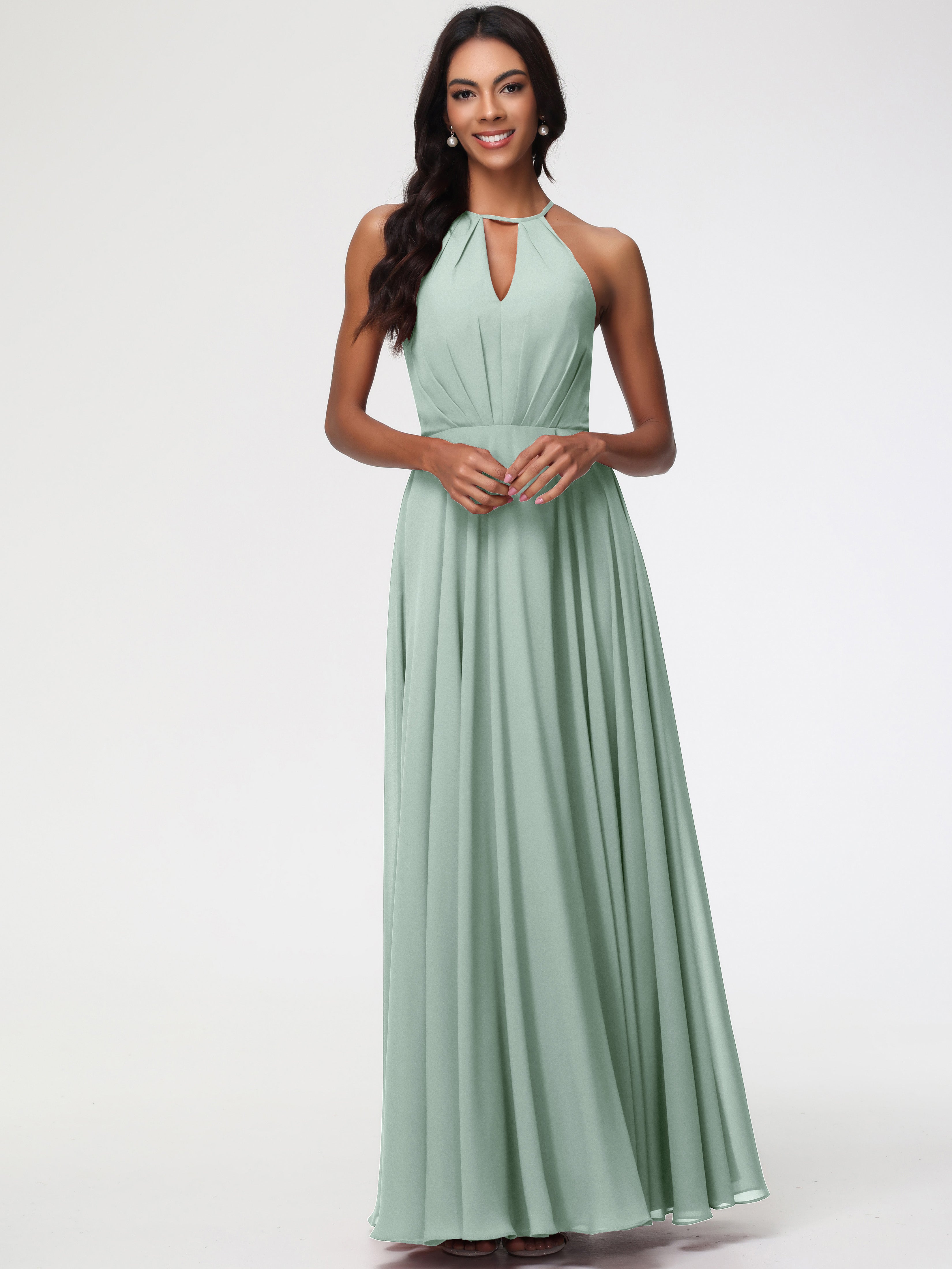 Robe Demoiselle D Honneur Vert Celadon Licou Fendue Mousseline Robe Demoiselle D'Honneur Longue Plissée