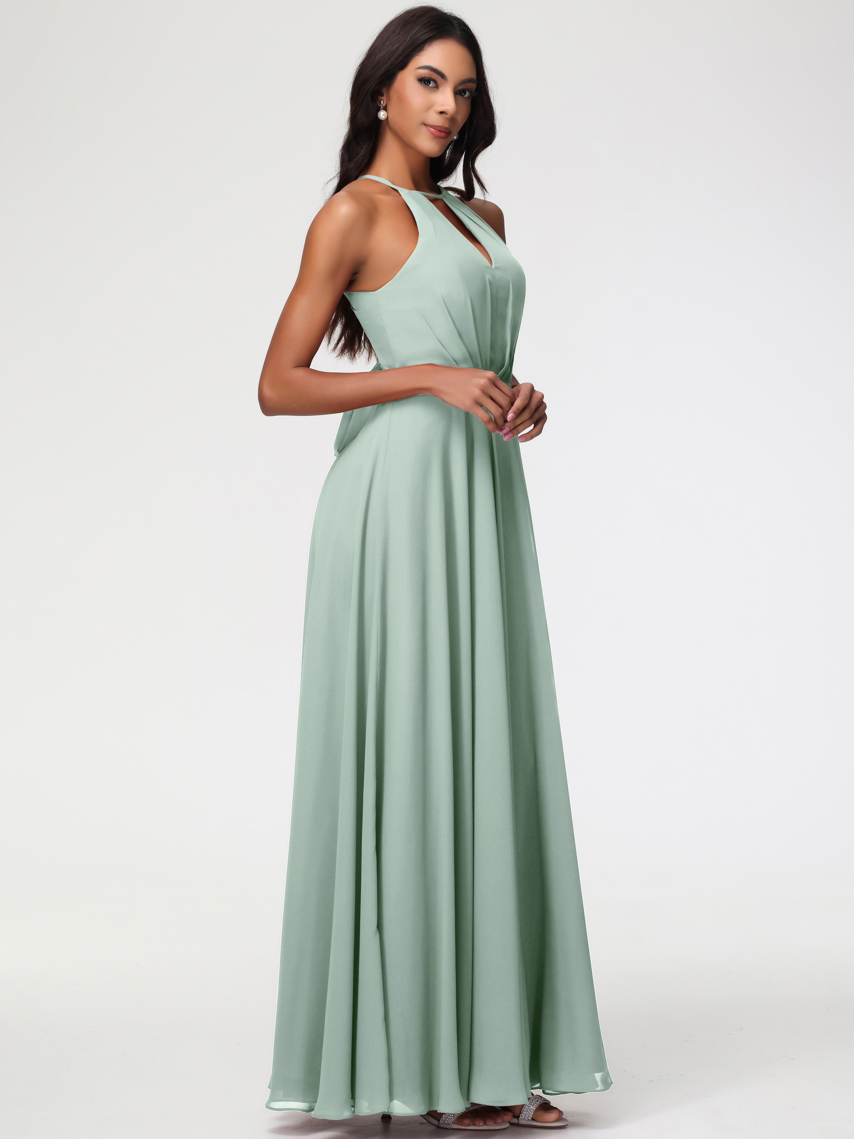 Robe Demoiselle D Honneur Vert Celadon Licou Fendue Mousseline Robe Demoiselle D'Honneur Longue Plissée