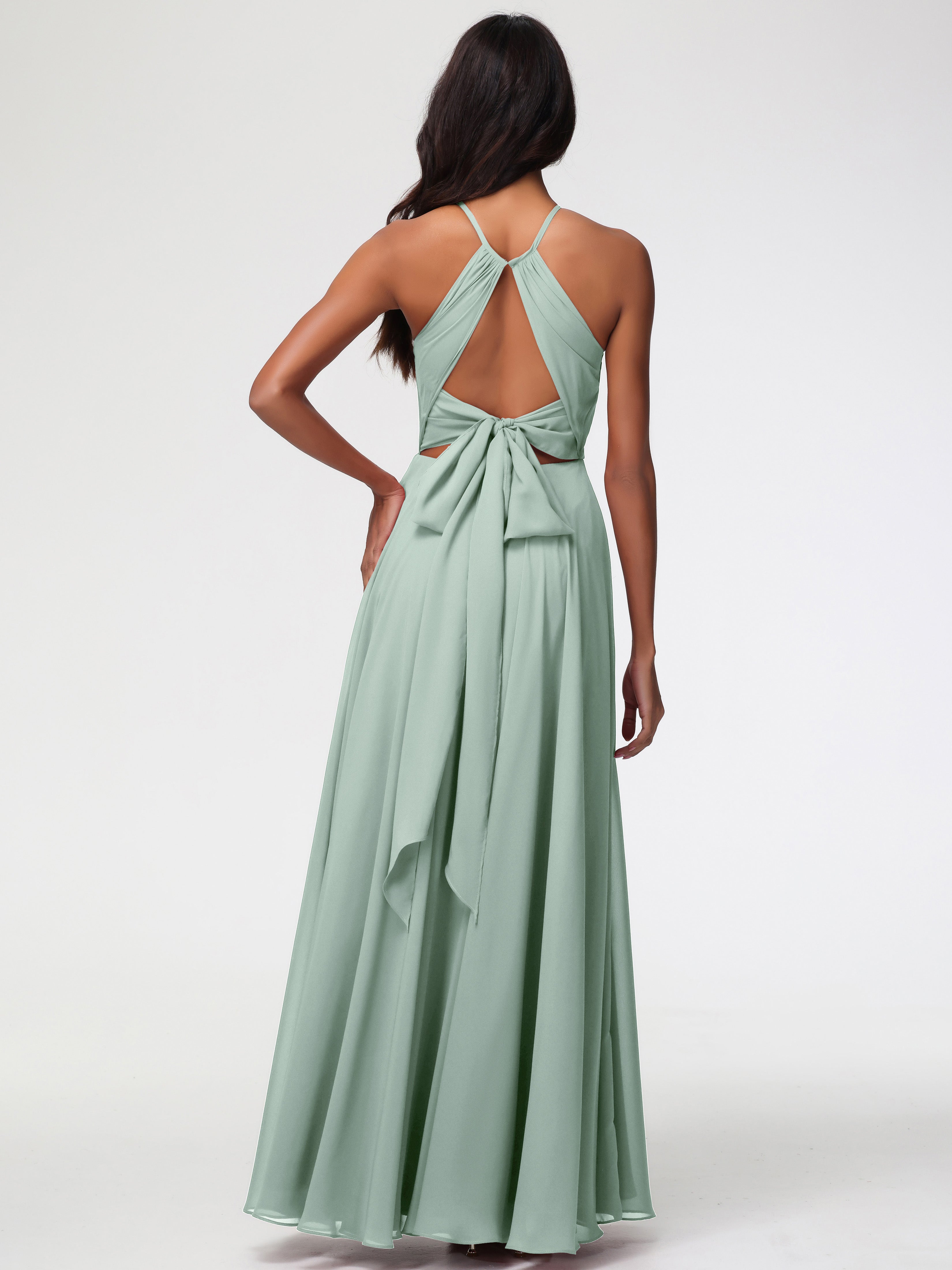 Robe Demoiselle D Honneur Vert Celadon Licou Fendue Mousseline Robe Demoiselle D'Honneur Longue Plissée