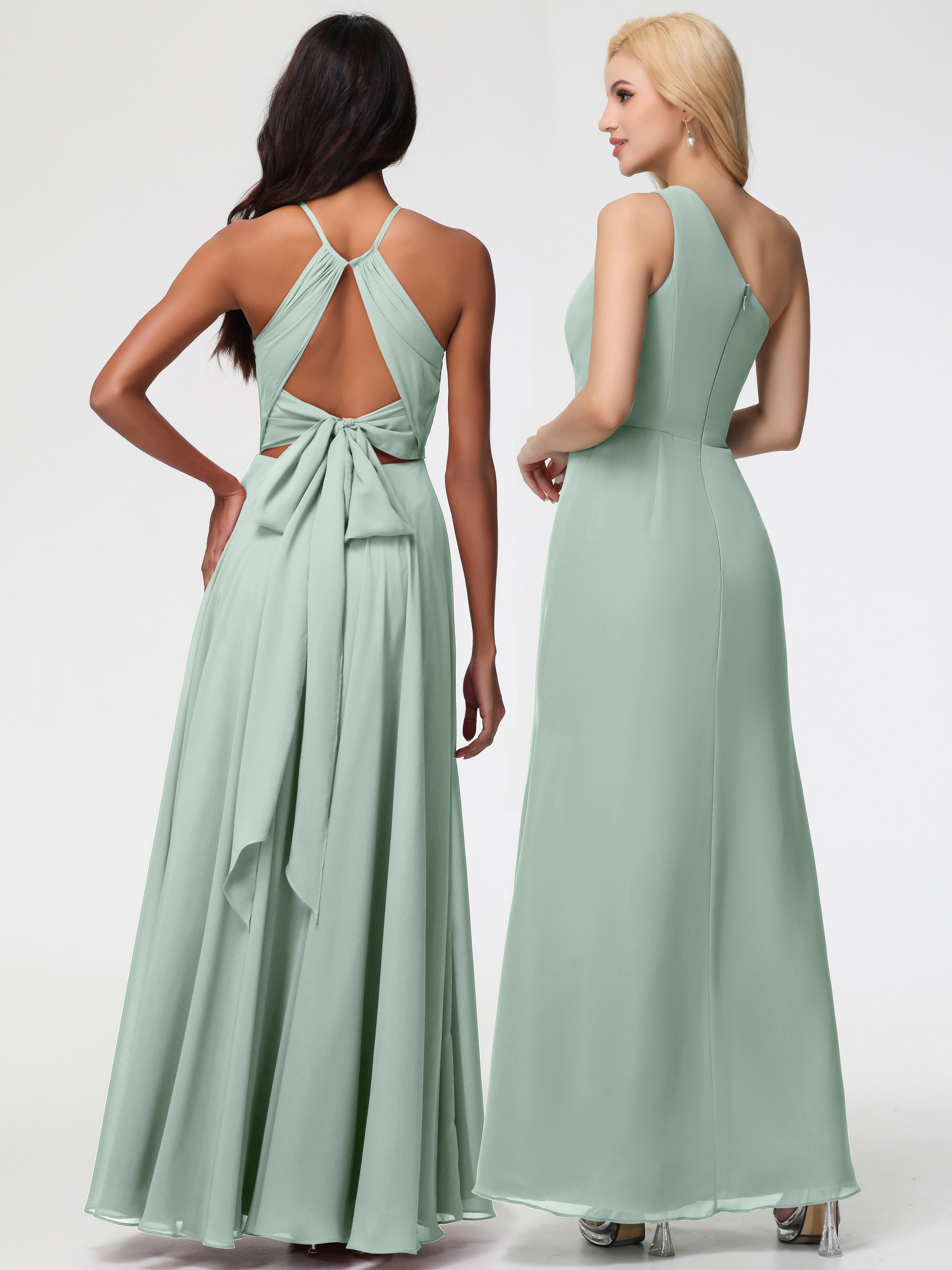Robe Demoiselle D Honneur Vert Celadon Licou Fendue Mousseline Robe Demoiselle D'Honneur Longue Plissée