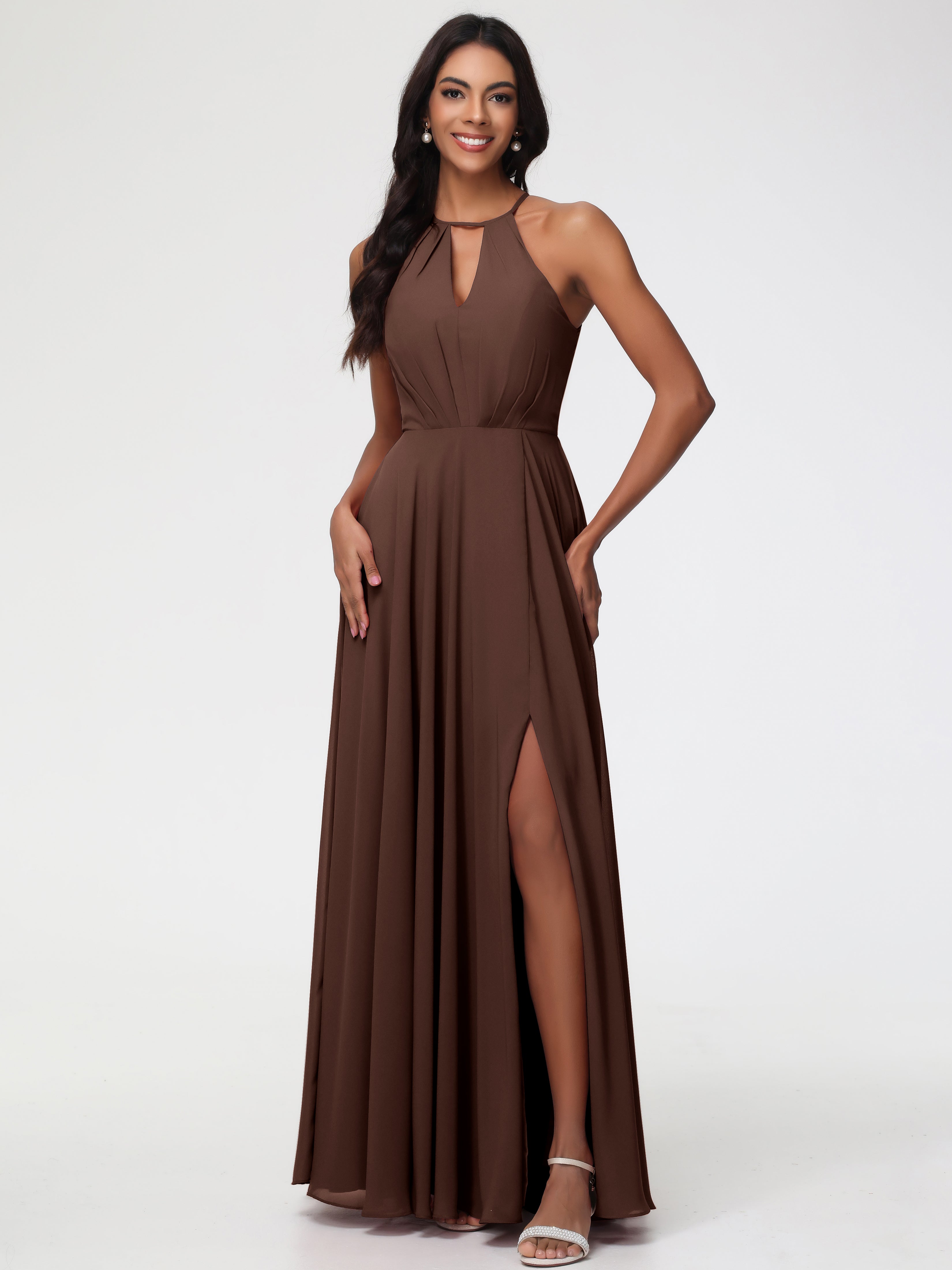 Robe Marron Chocolat Demoiselle D Honneur Licou Fendue Mousseline Robe Demoiselle D'Honneur Longue Plissée