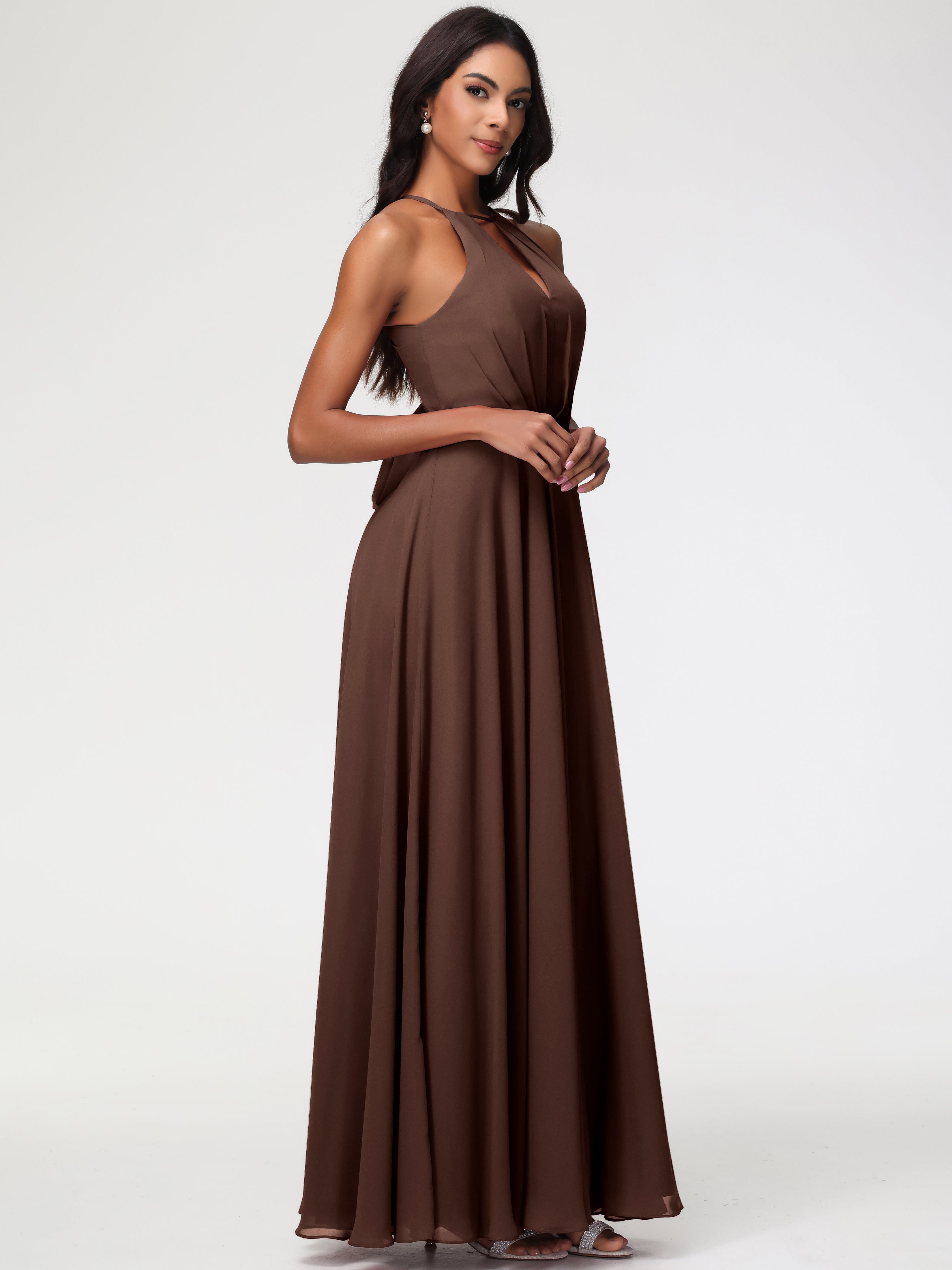 Robe Marron Chocolat Demoiselle D Honneur Licou Fendue Mousseline Robe Demoiselle D'Honneur Longue Plissée