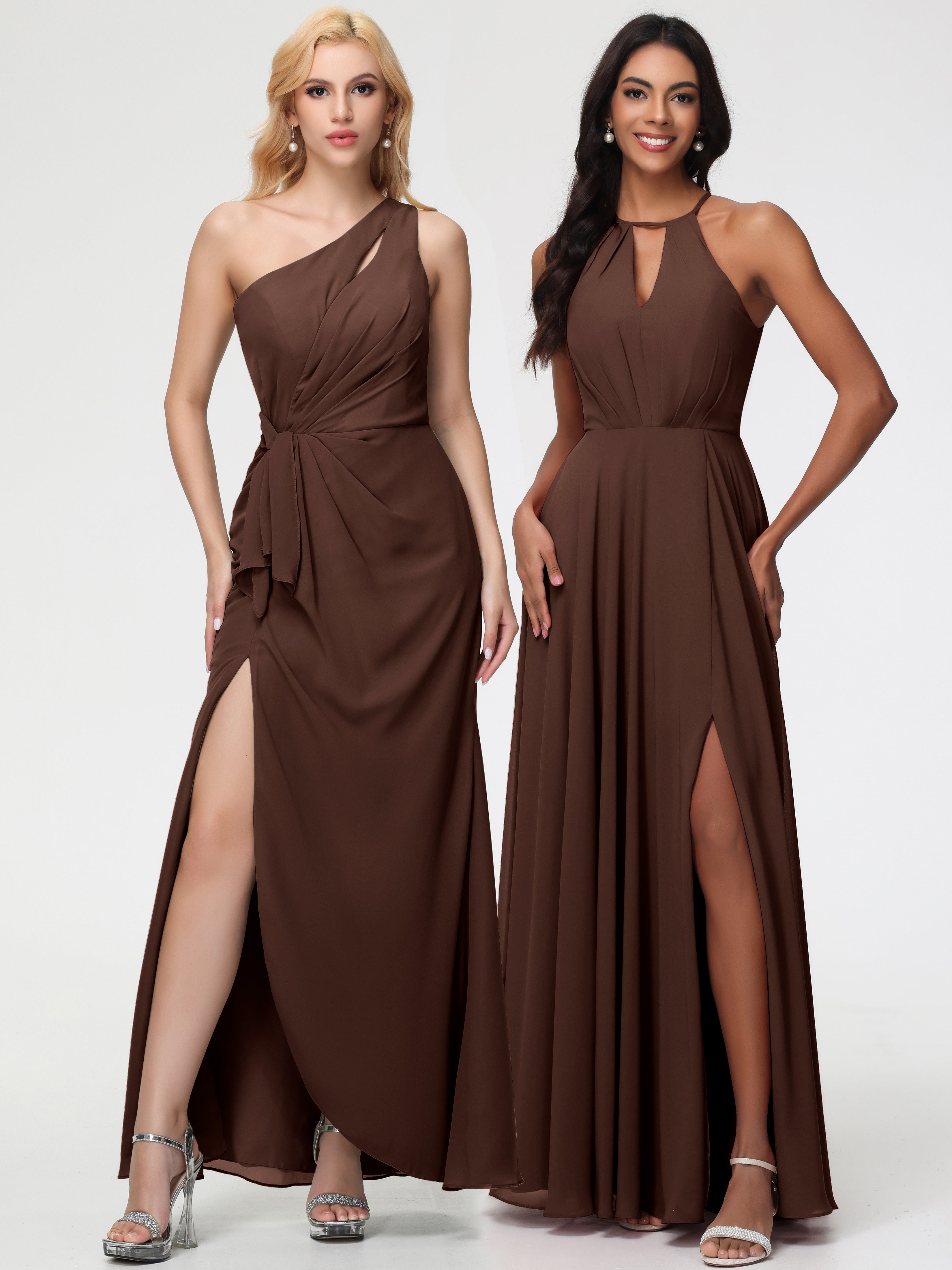Robe Marron Chocolat Demoiselle D Honneur Licou Fendue Mousseline Robe Demoiselle D'Honneur Longue Plissée