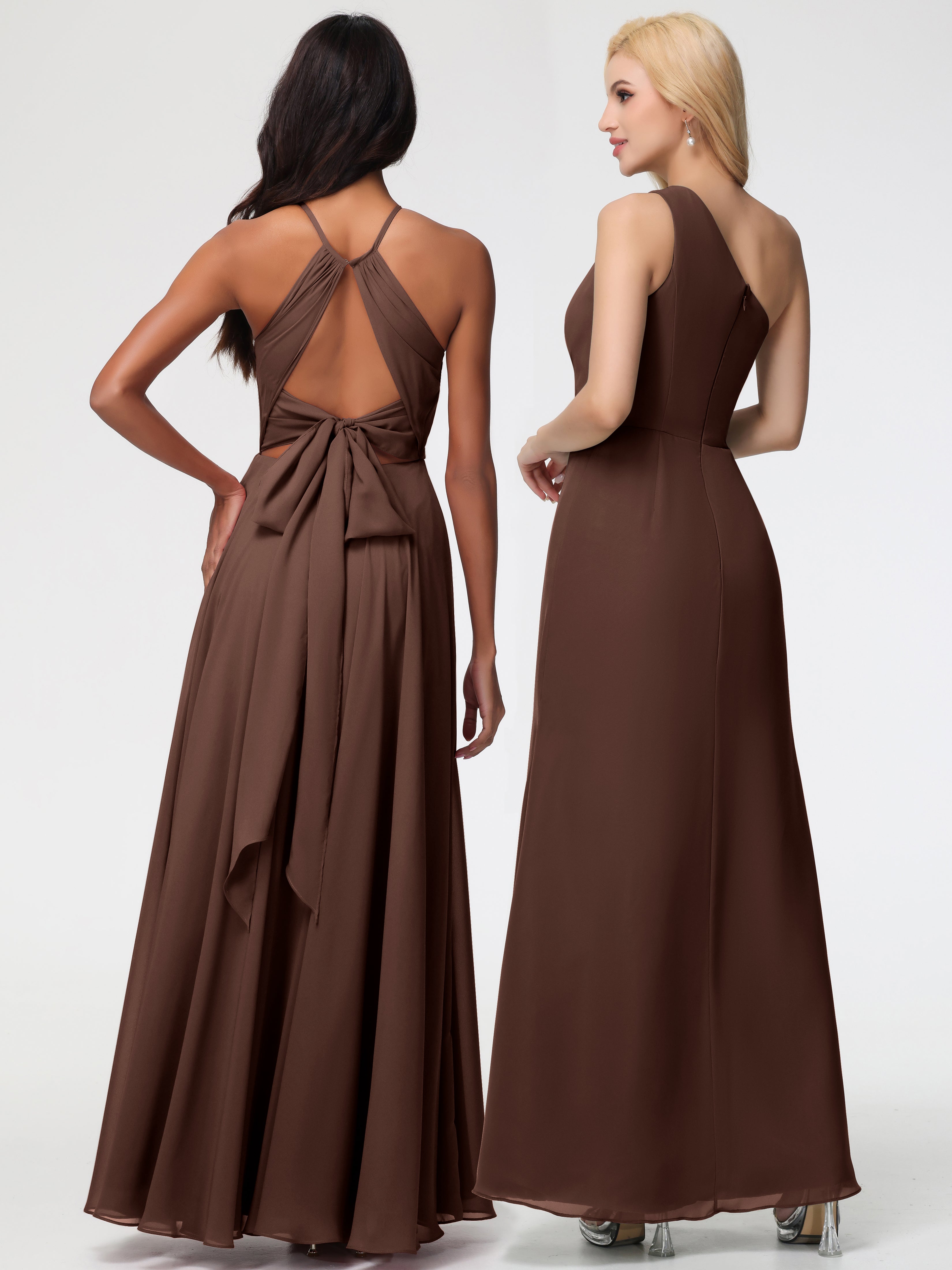 Robe Marron Chocolat Demoiselle D Honneur Licou Fendue Mousseline Robe Demoiselle D'Honneur Longue Plissée