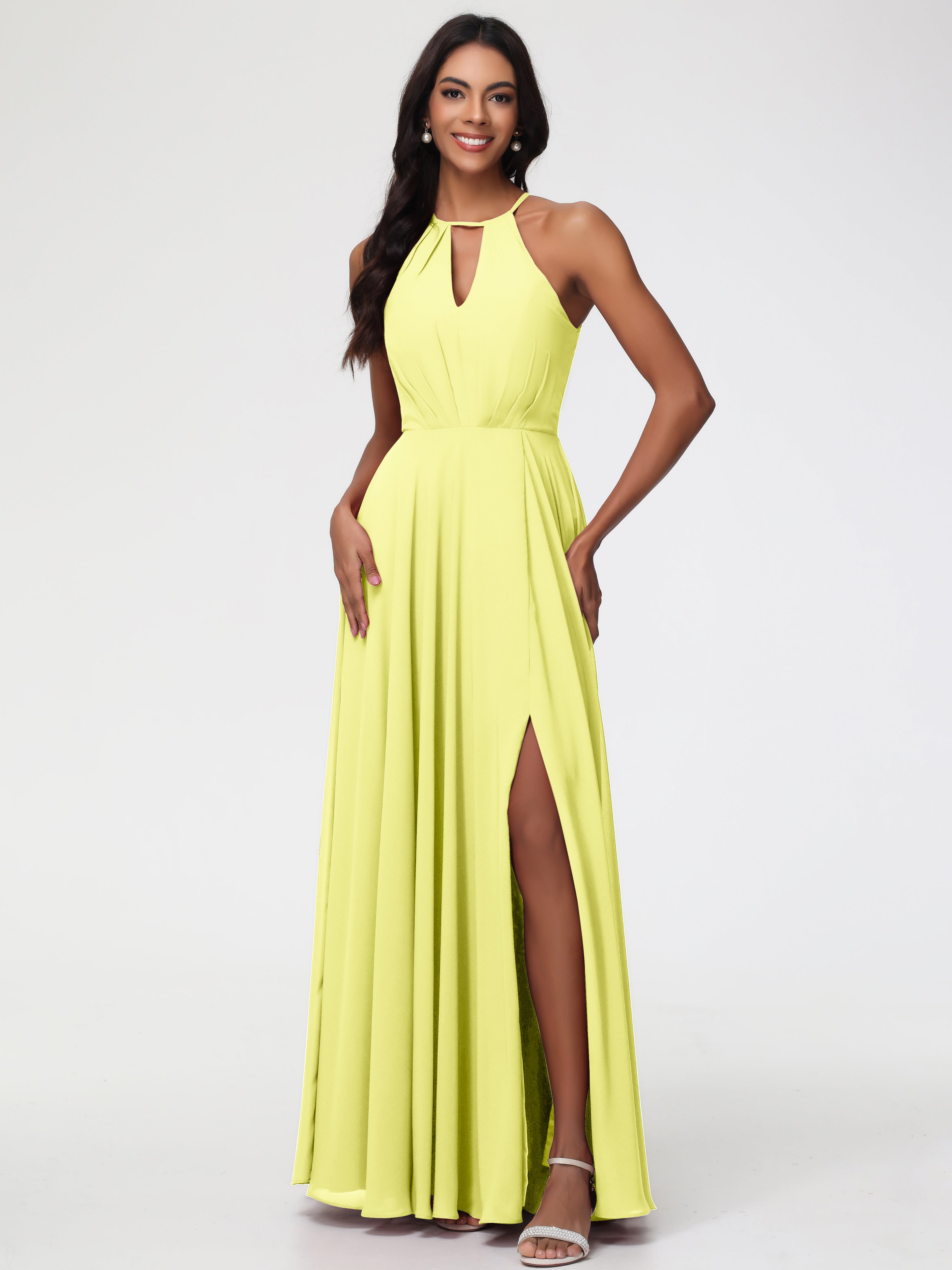 Robes De Demoiselle D'Honneur Jonquille Licou Fendue Mousseline Robe Demoiselle D'Honneur Longue Plissée