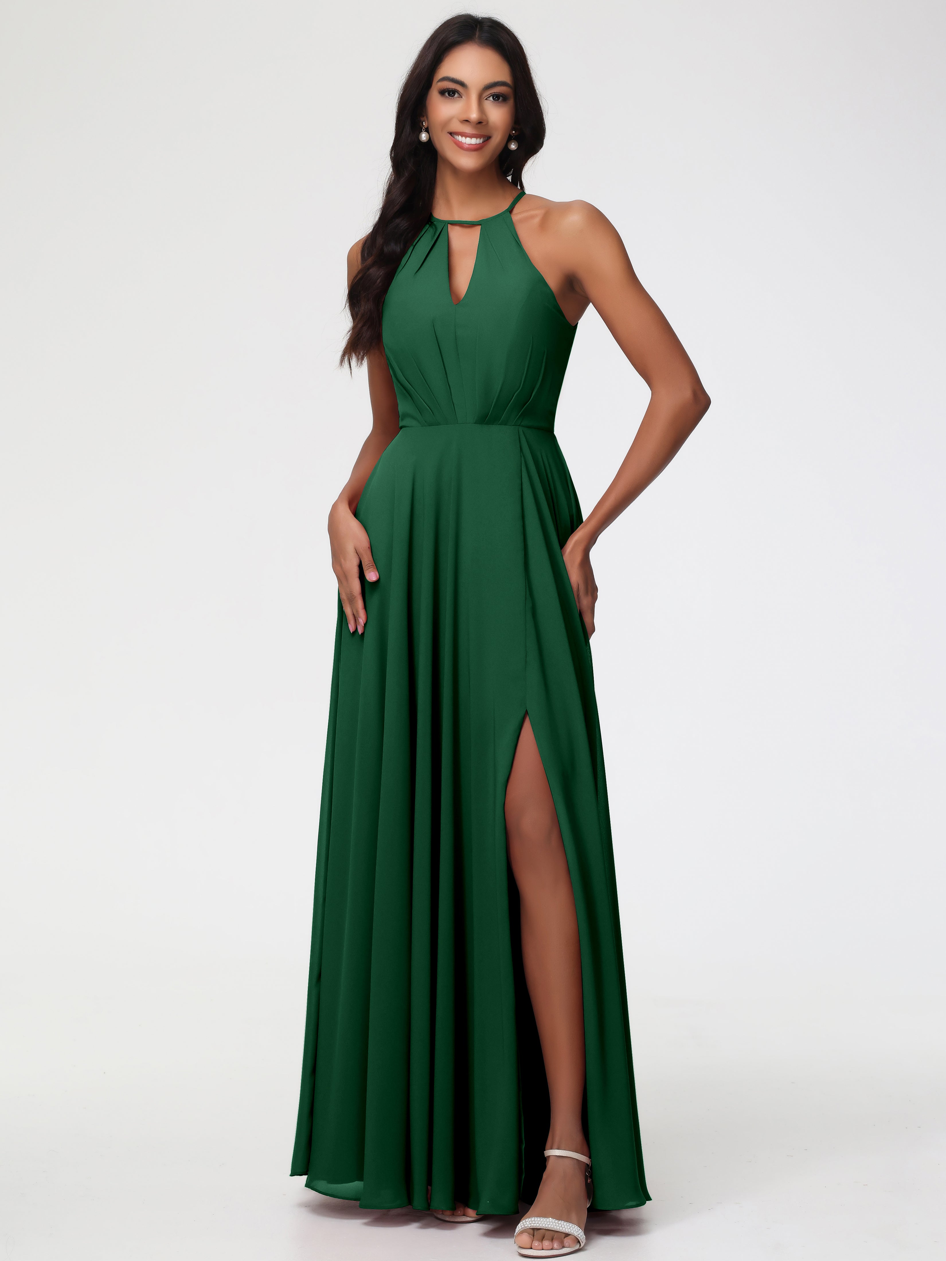 Robe Demoiselle D Honneur Vert Foncé Licou Fendue Mousseline Robe Demoiselle D'Honneur Longue Plissée