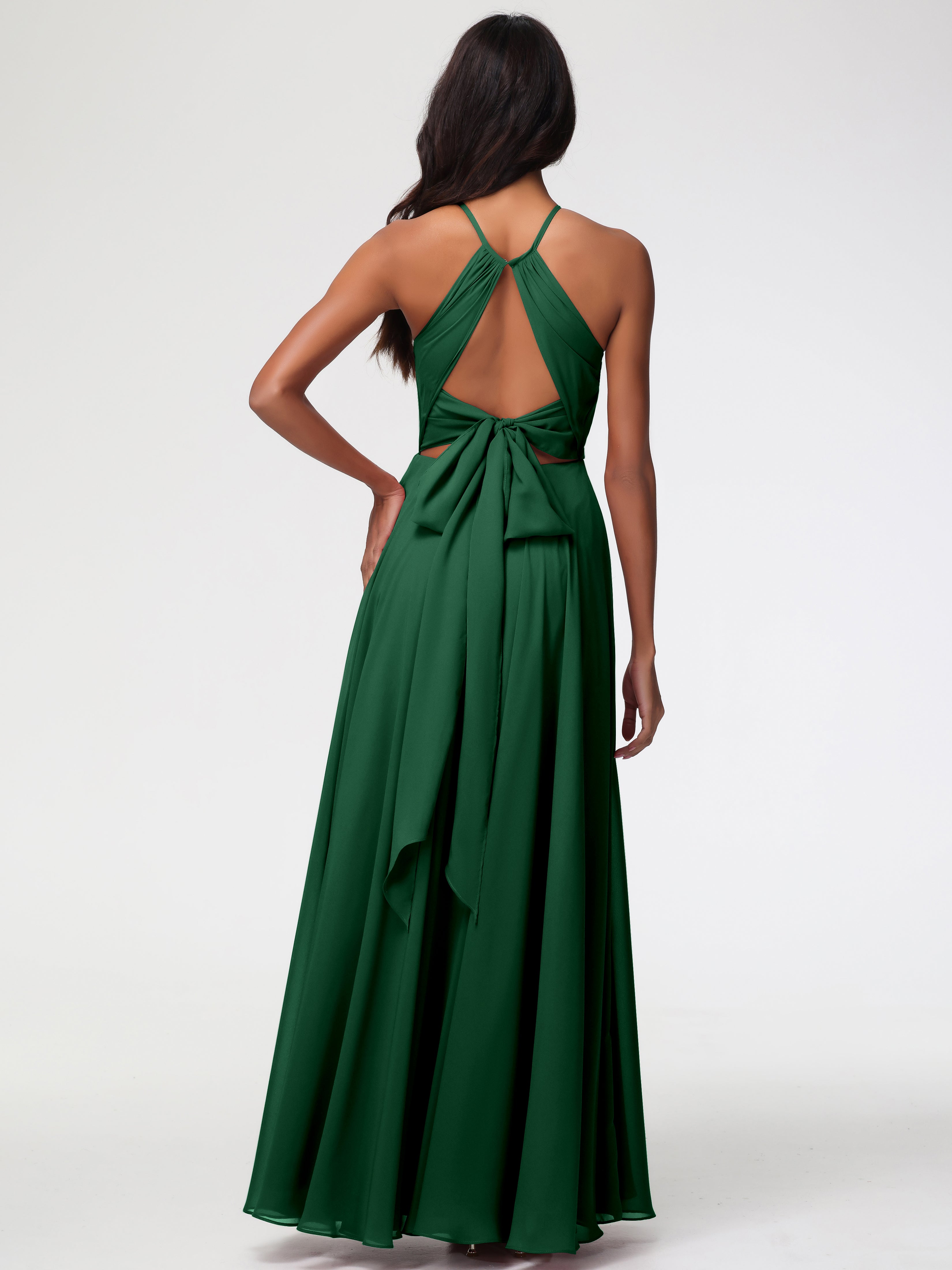 Robe Demoiselle D Honneur Vert Foncé Licou Fendue Mousseline Robe Demoiselle D'Honneur Longue Plissée