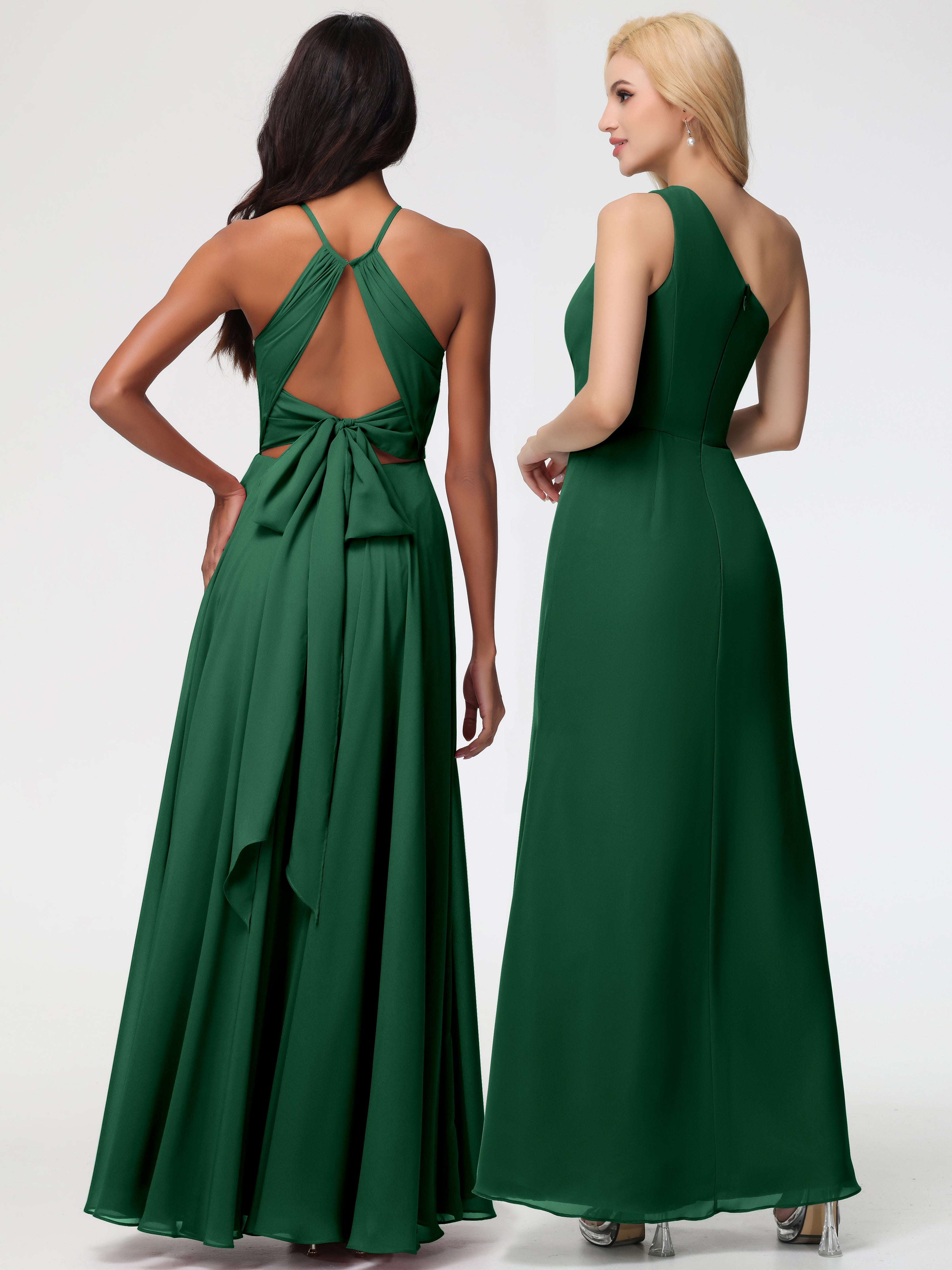 Robe Demoiselle D Honneur Vert Foncé Licou Fendue Mousseline Robe Demoiselle D'Honneur Longue Plissée