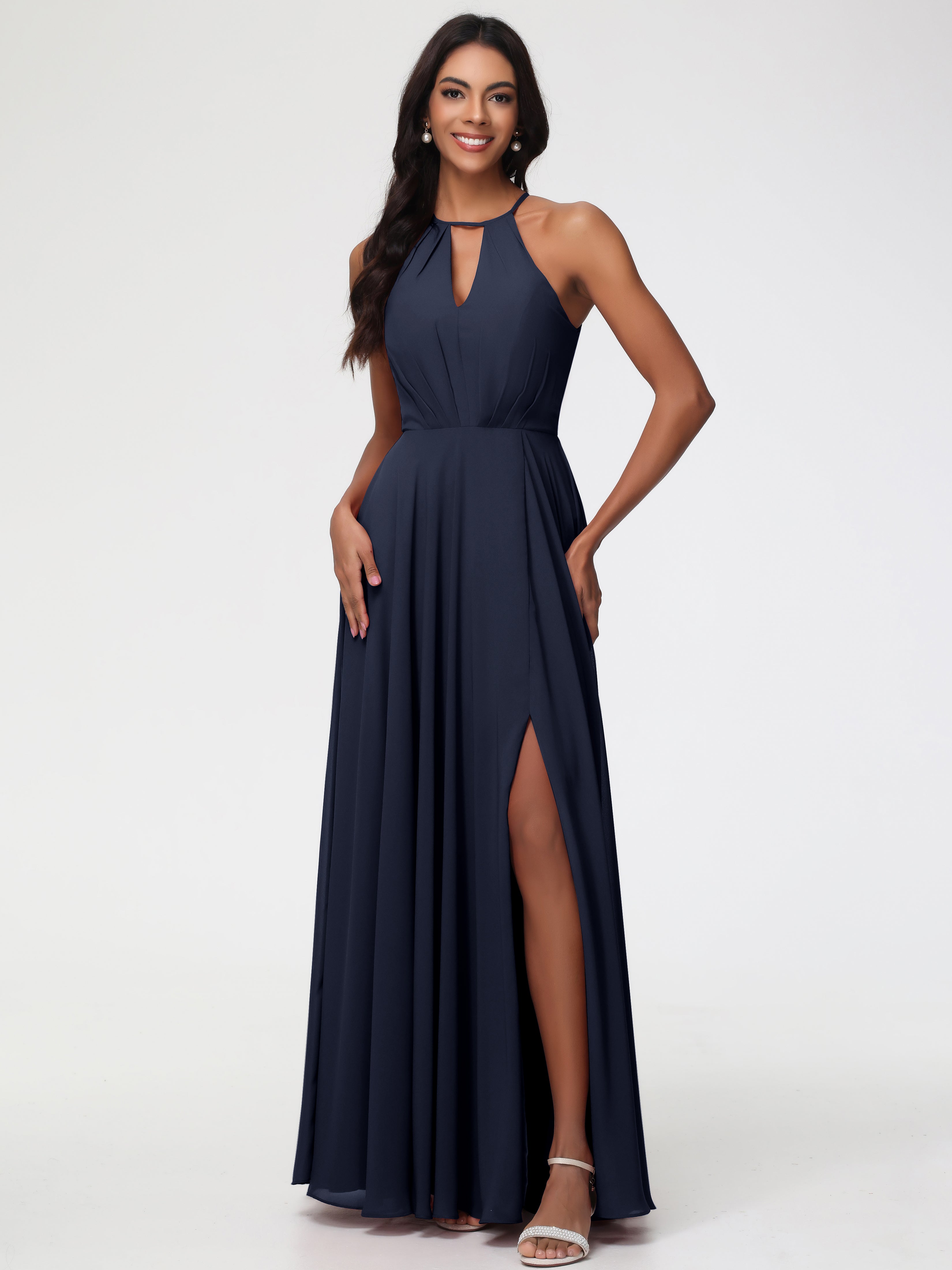 Robe Bleu Marine Demoiselle D Honneur Licou Fendue Mousseline Robe Demoiselle D'Honneur Longue Plissée