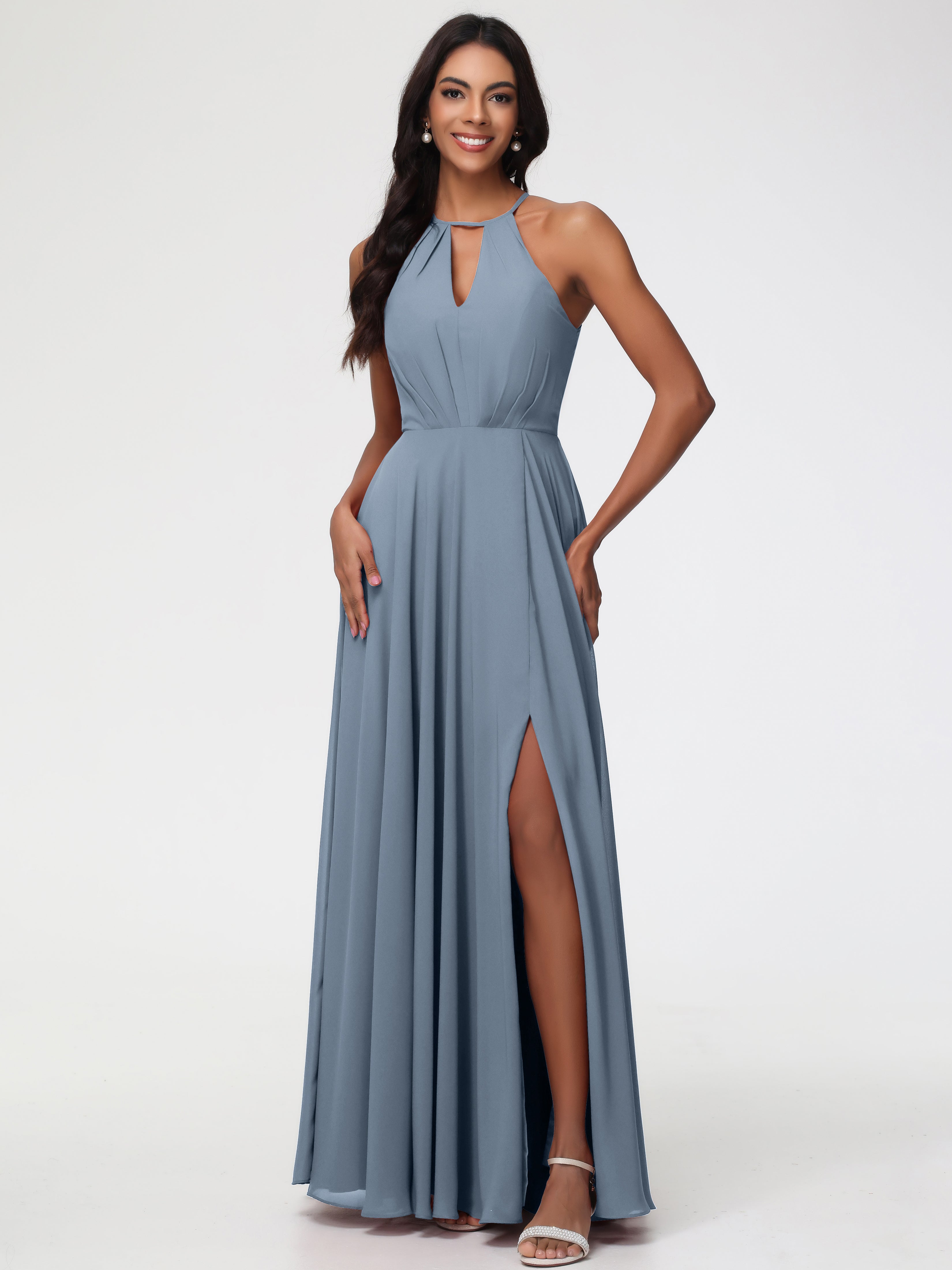 Robe Demoiselle D Honneur Bleu Poussiereux Licou Fendue Mousseline Robe Demoiselle D'Honneur Longue Plissée