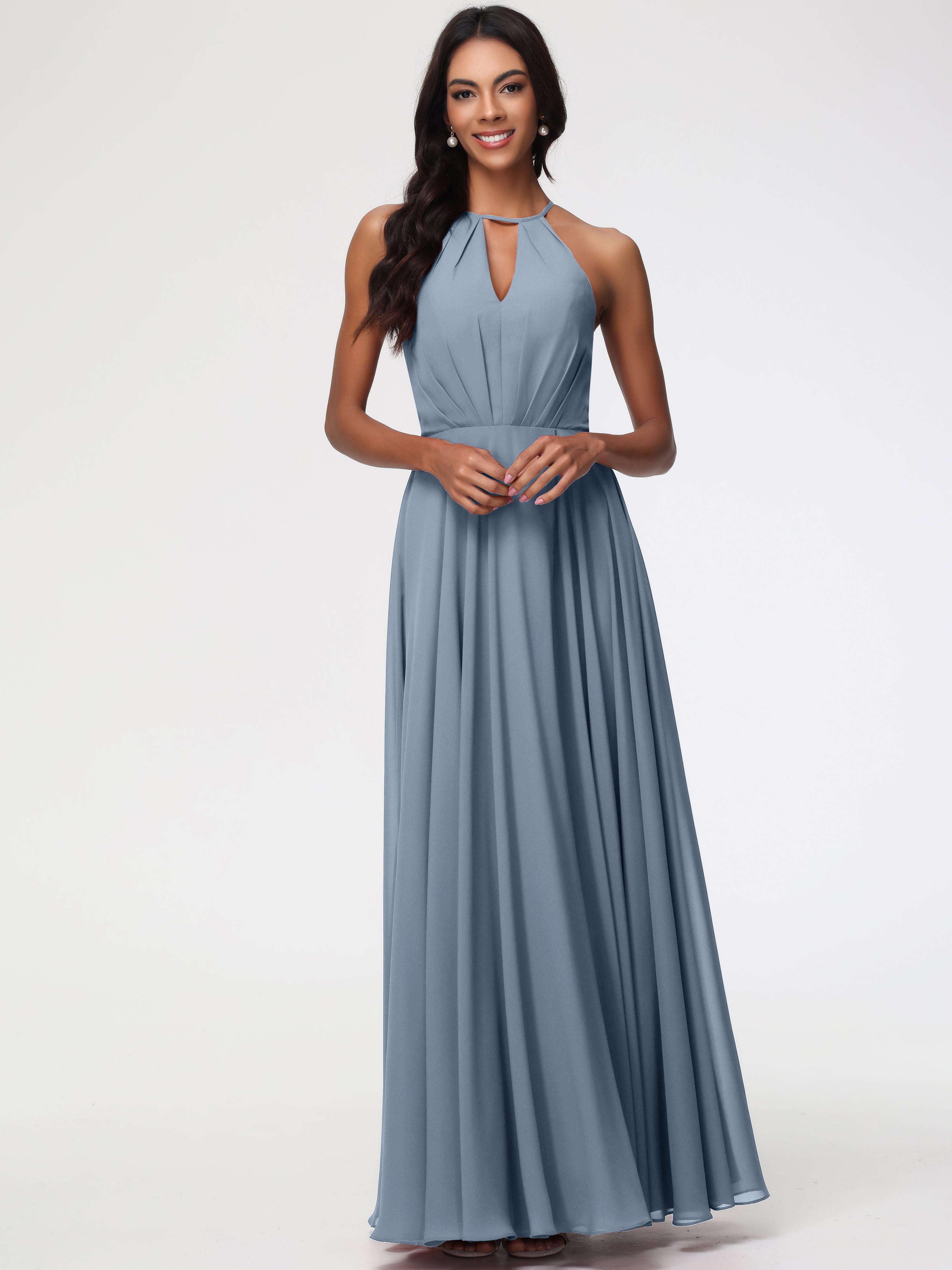 Robe Demoiselle D Honneur Bleu Poussiereux Licou Fendue Mousseline Robe Demoiselle D'Honneur Longue Plissée
