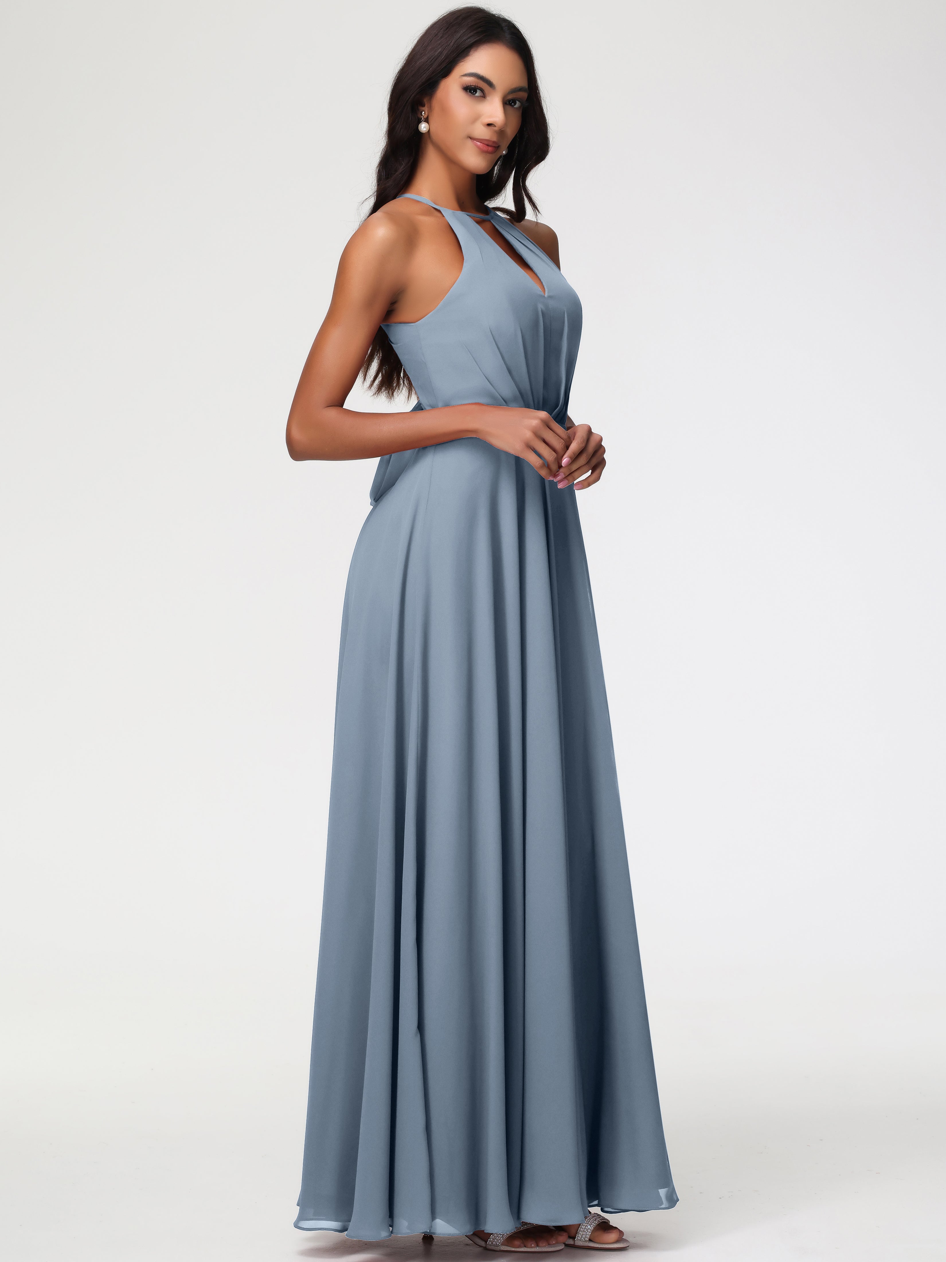 Robe Demoiselle D Honneur Bleu Poussiereux Licou Fendue Mousseline Robe Demoiselle D'Honneur Longue Plissée